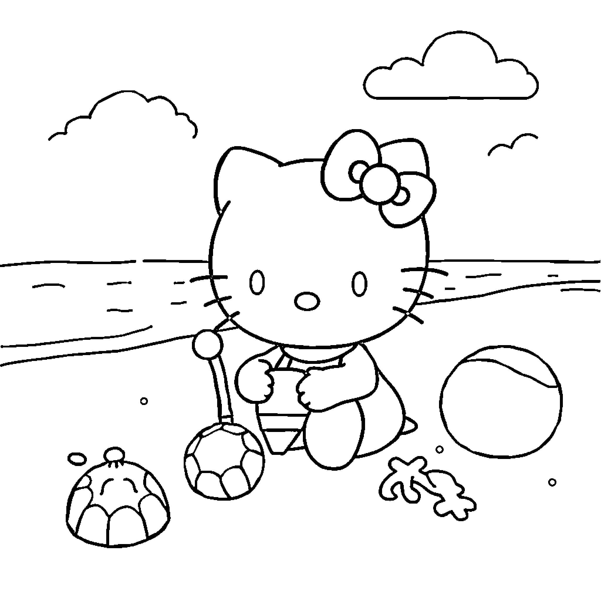 Hello Kitty playing with beach toys Coloring Page (free black-and-white line drawing printable PDF for all, from beginners to advanced learners, including children, teens, adults, and seniors)
