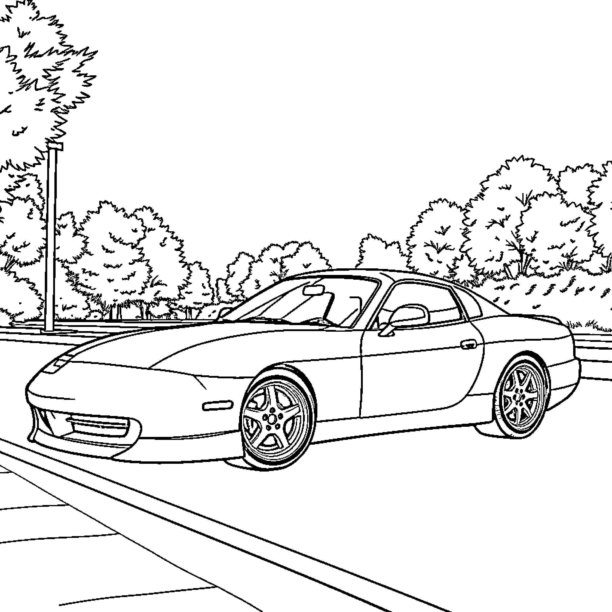 3000GT sports car driving on the road Coloring Page (free black-and-white line drawing printable PDF for all, from beginners to advanced learners, including children, teens, adults, and seniors)