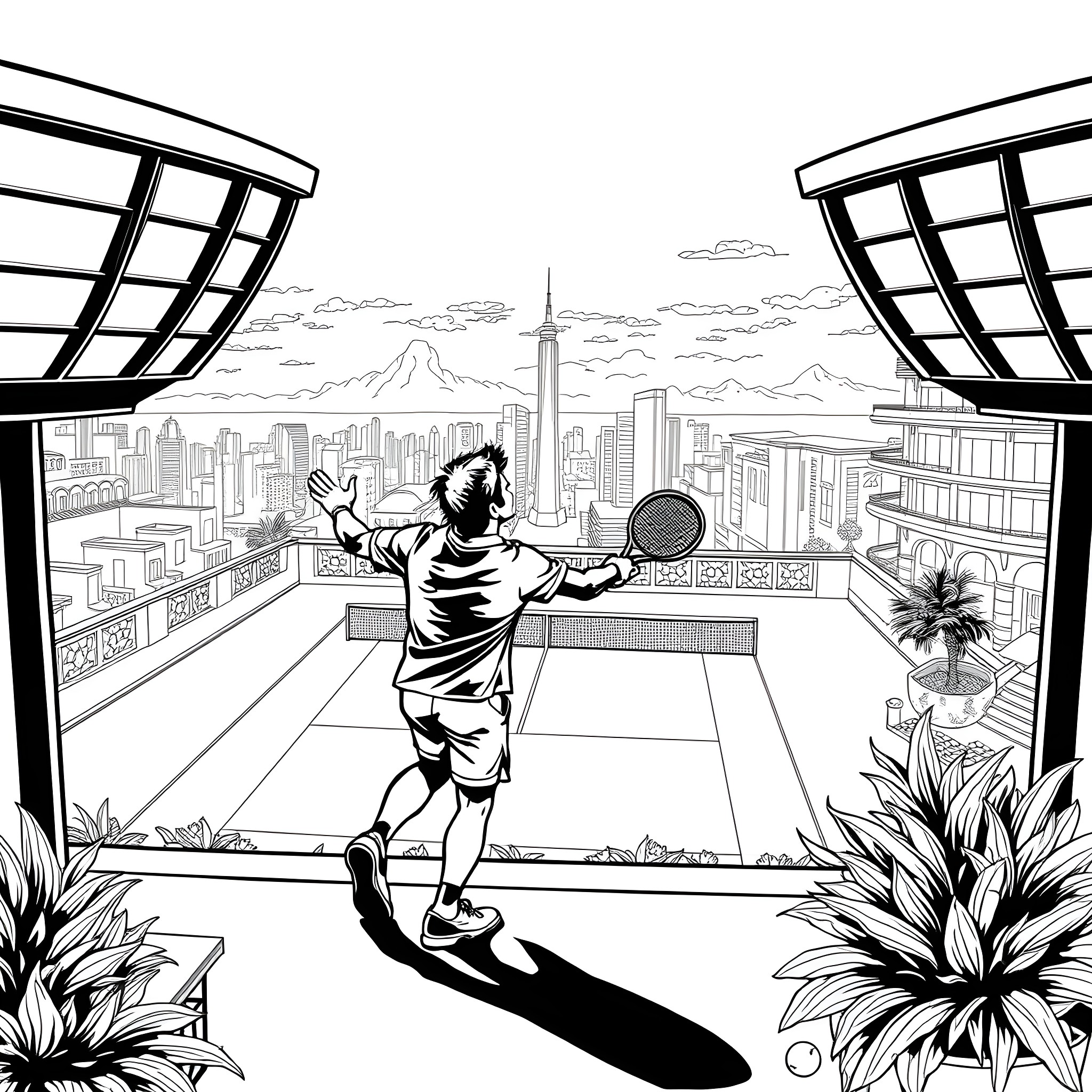 Agassi's triumphant return to the court Coloring Page (free black-and-white line drawing printable PDF for all, from beginners to advanced learners, including children, teens, adults, and seniors)