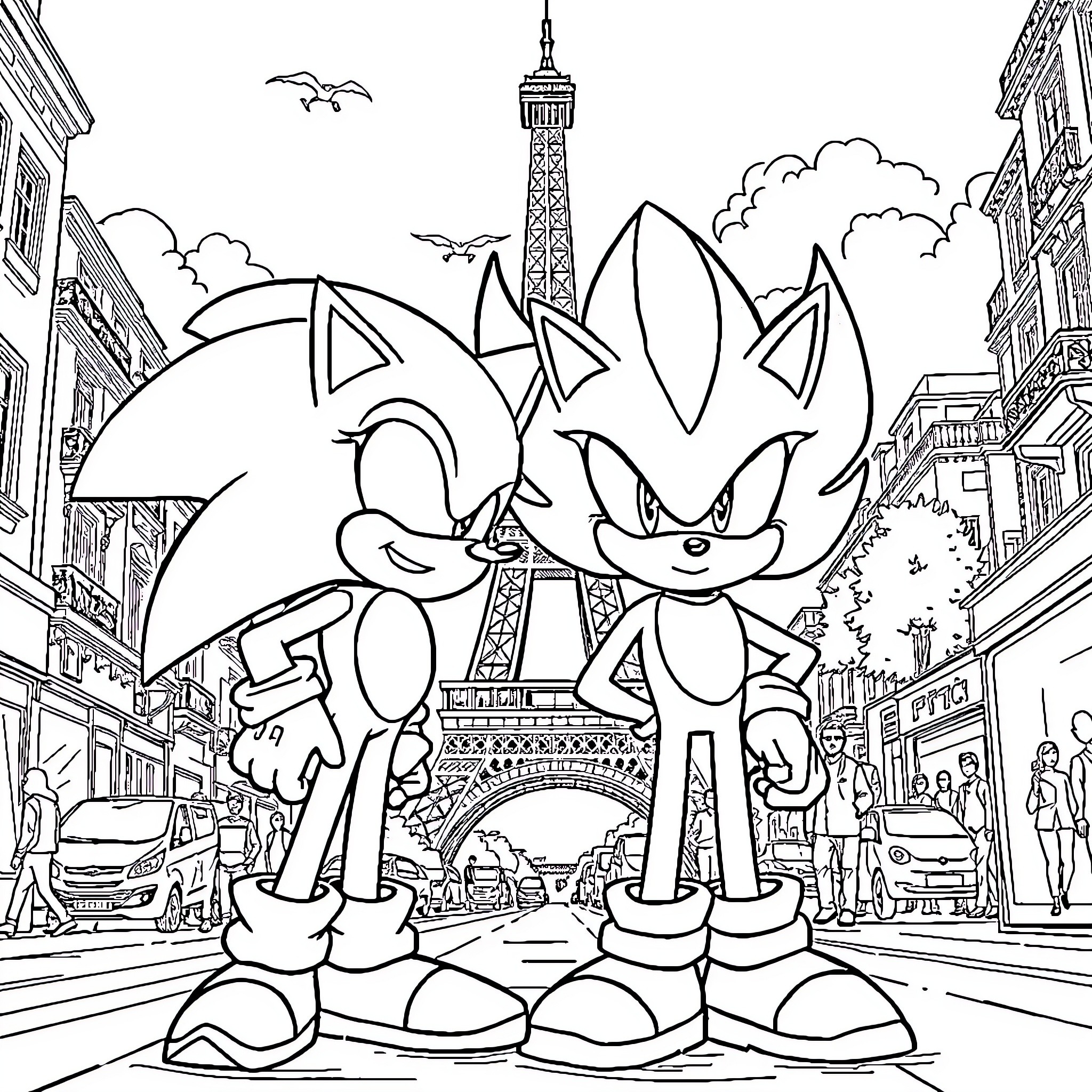 Sonic and friends explore Parisian cityscape Coloring Page (free black-and-white line drawing printable PDF for all, from beginners to advanced learners, including children, teens, adults, and seniors)