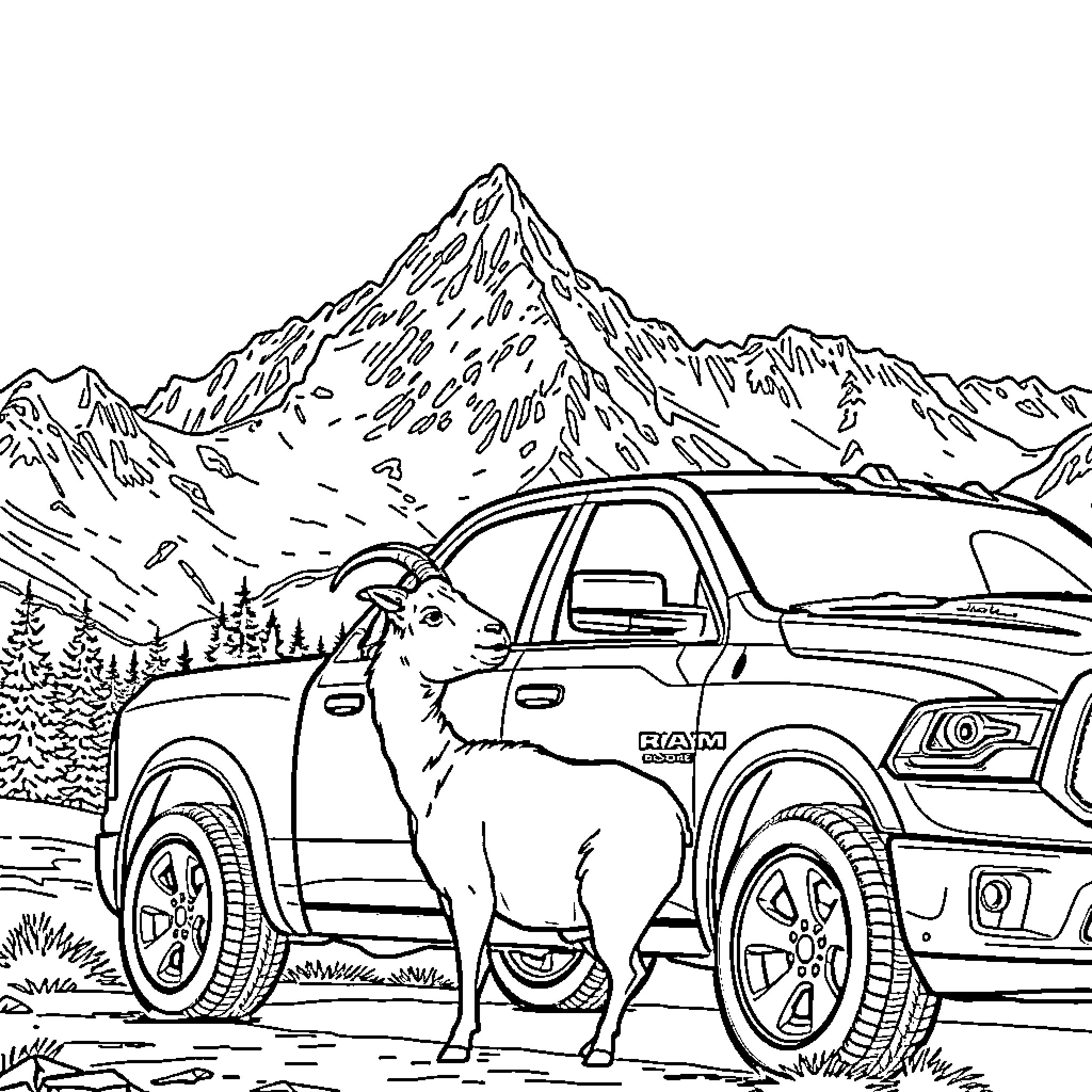 Goat standing near rugged truck in mountain landscape Coloring Page (free black-and-white line drawing printable PDF for all, from beginners to advanced learners, including children, teens, adults, and seniors)
