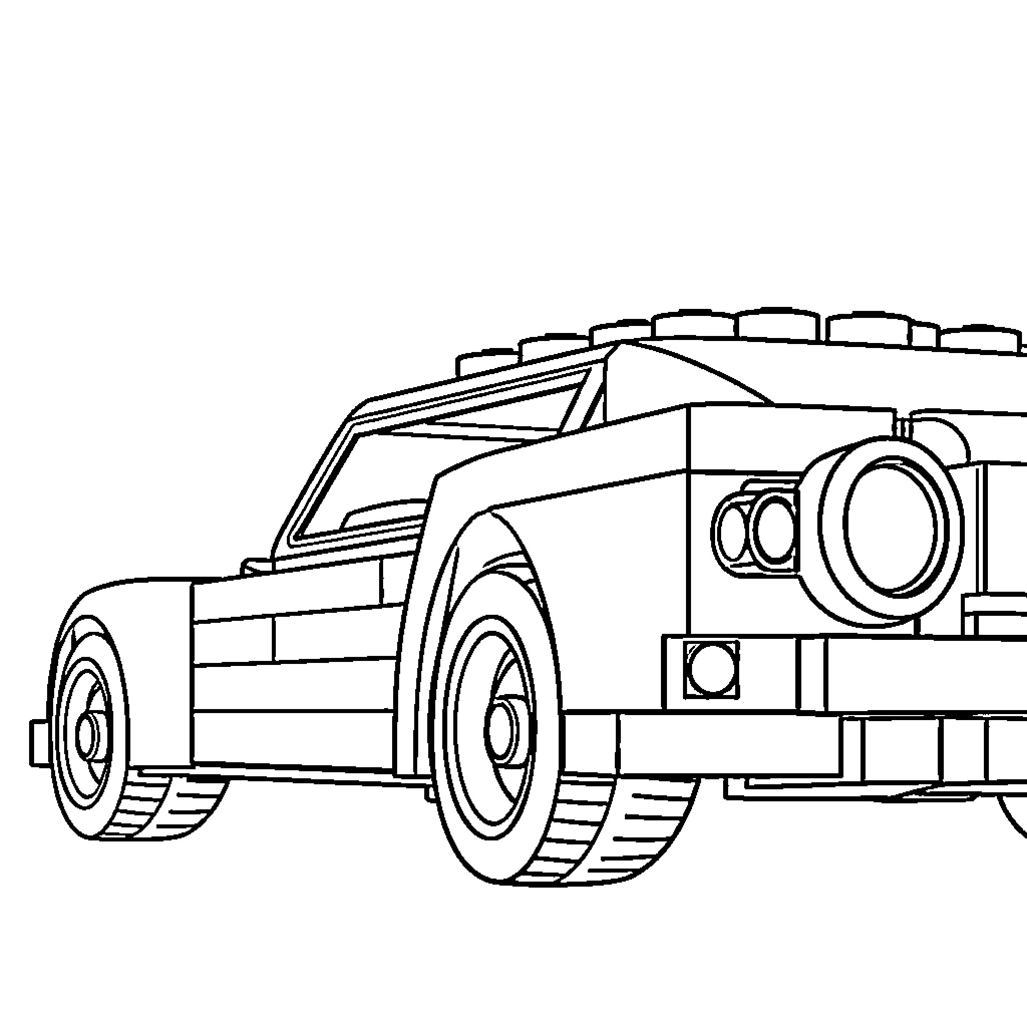 Lego Car with Unique Design and Accessories Coloring Page (free black-and-white line drawing printable PDF for all, from beginners to advanced learners, including children, teens, adults, and seniors)