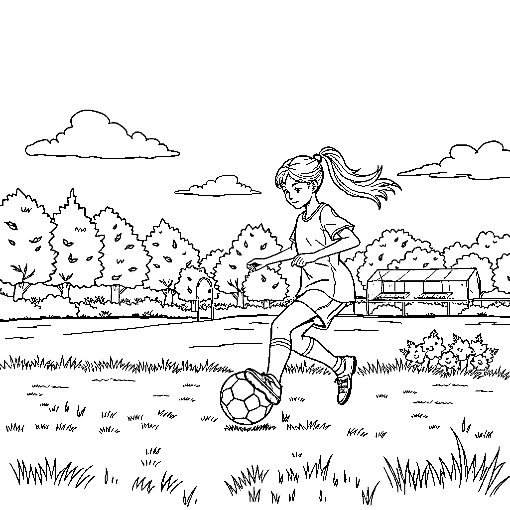 Girl Playing Soccer in the Park Coloring Page (free black-and-white line drawing printable PDF for all, from beginners to advanced learners, including children, teens, adults, and seniors)