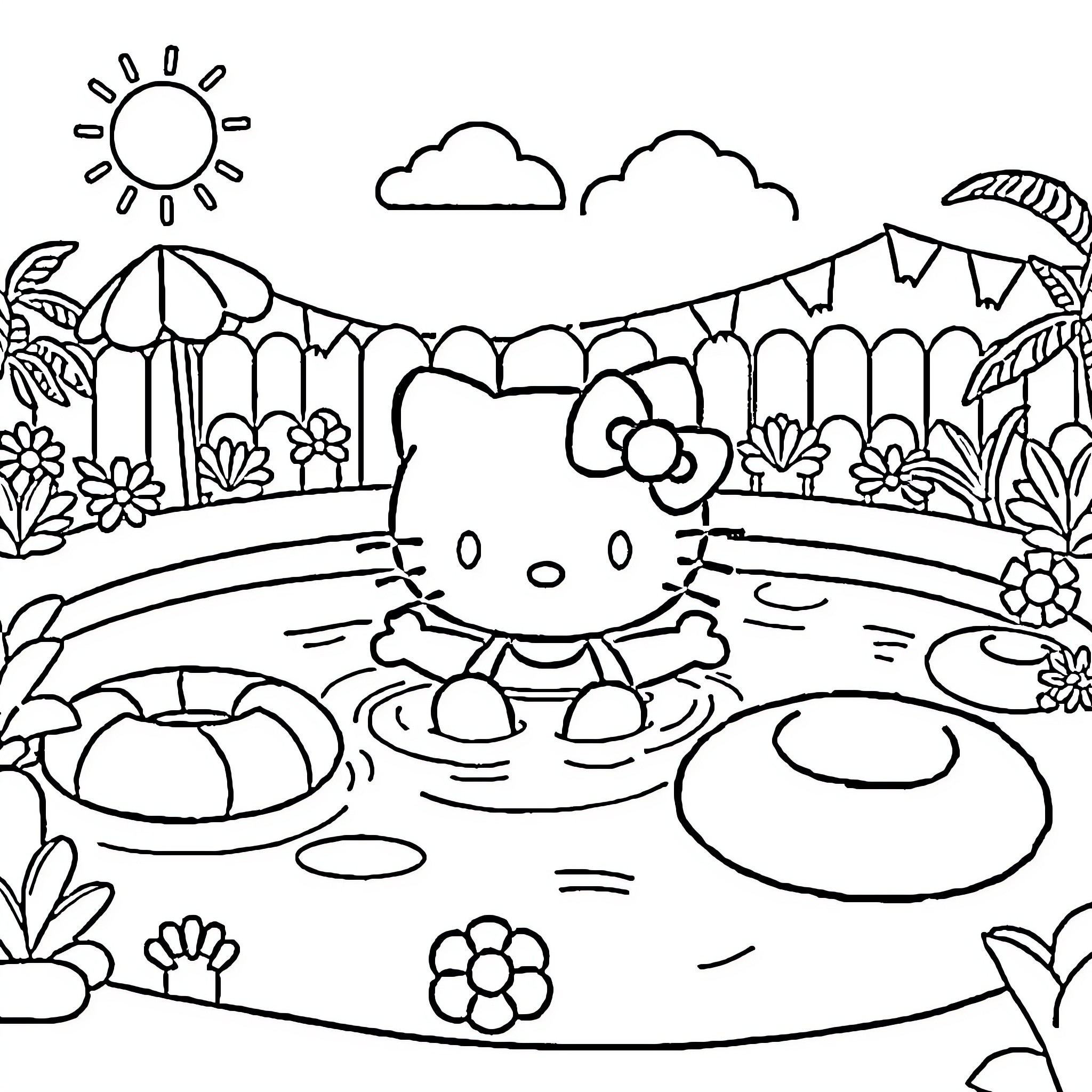 Hello Kitty having fun in the garden pool Coloring Page (free black-and-white line drawing printable PDF for all, from beginners to advanced learners, including children, teens, adults, and seniors)