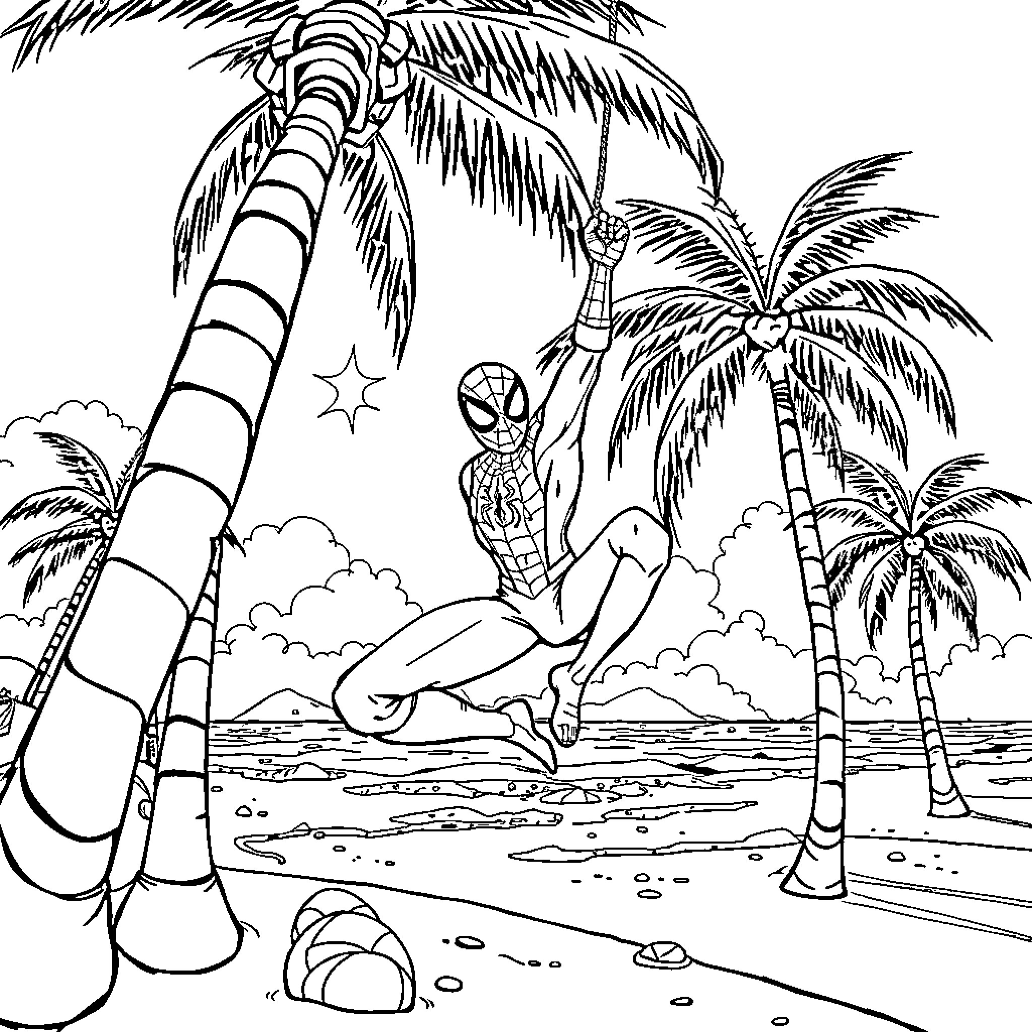 Spiderman enjoying a tropical beach adventure Coloring Page (free black-and-white line drawing printable PDF for all, from beginners to advanced learners, including children, teens, adults, and seniors)