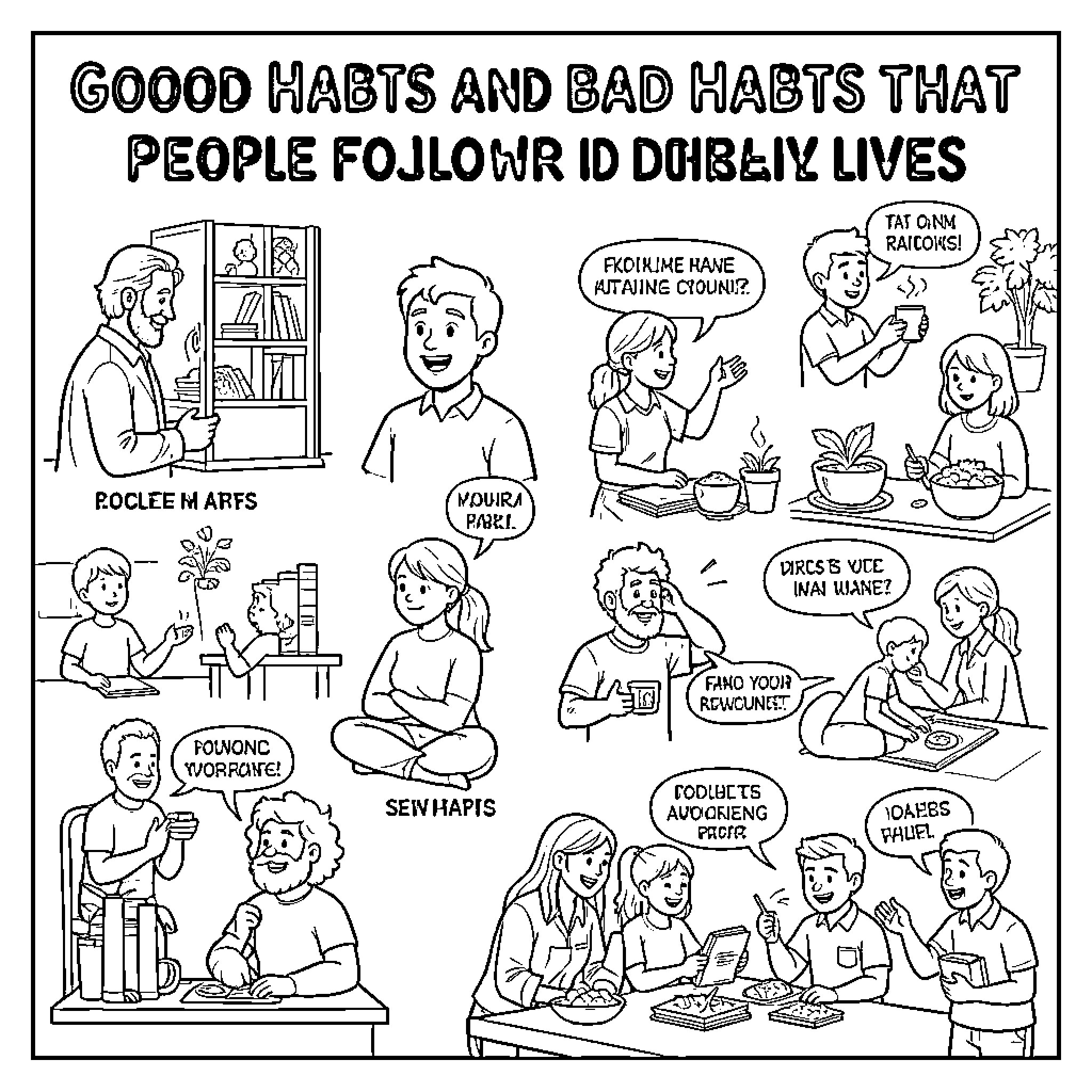 Habit of following good and bad daily routines Coloring Page (free black-and-white line drawing printable PDF for all, from beginners to advanced learners, including children, teens, adults, and seniors)