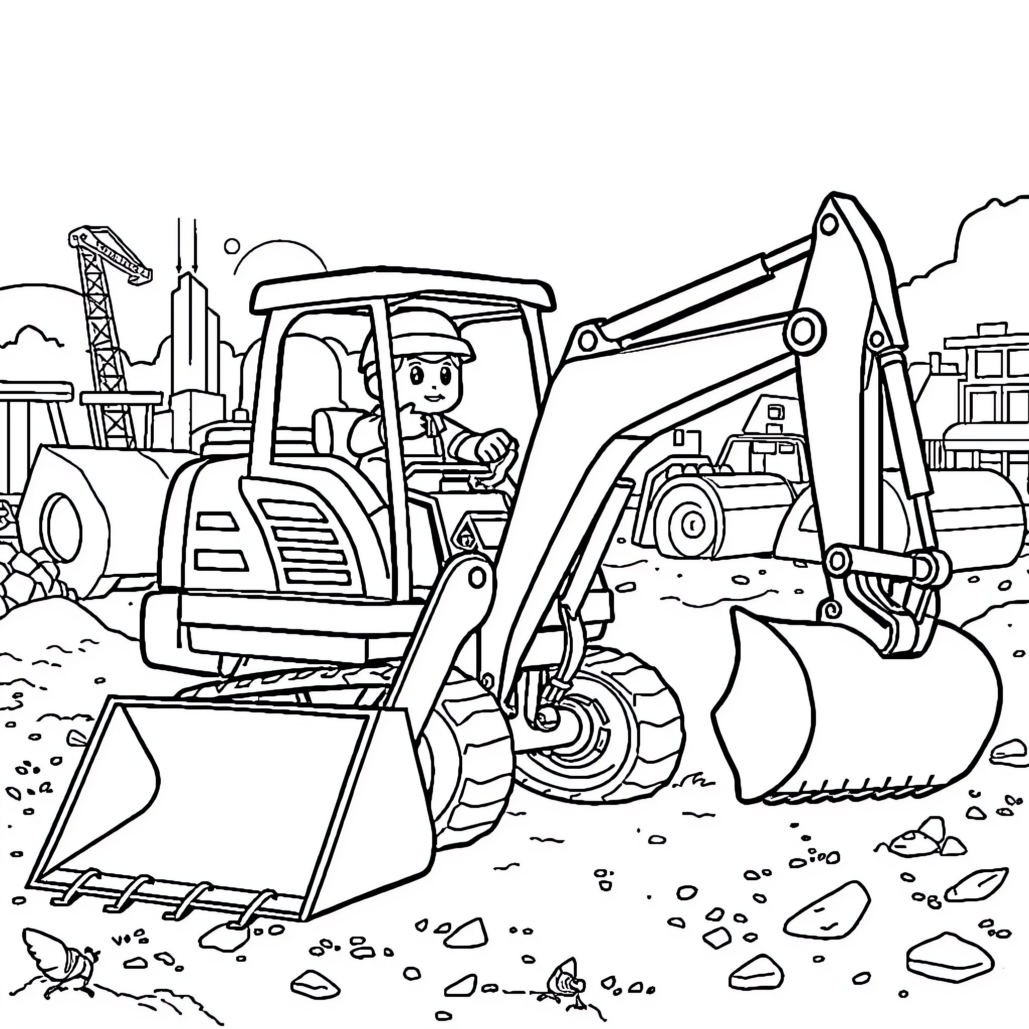 Cr7 Construction Machinery at Work Coloring Page (free black-and-white line drawing printable PDF for all, from beginners to advanced learners, including children, teens, adults, and seniors)