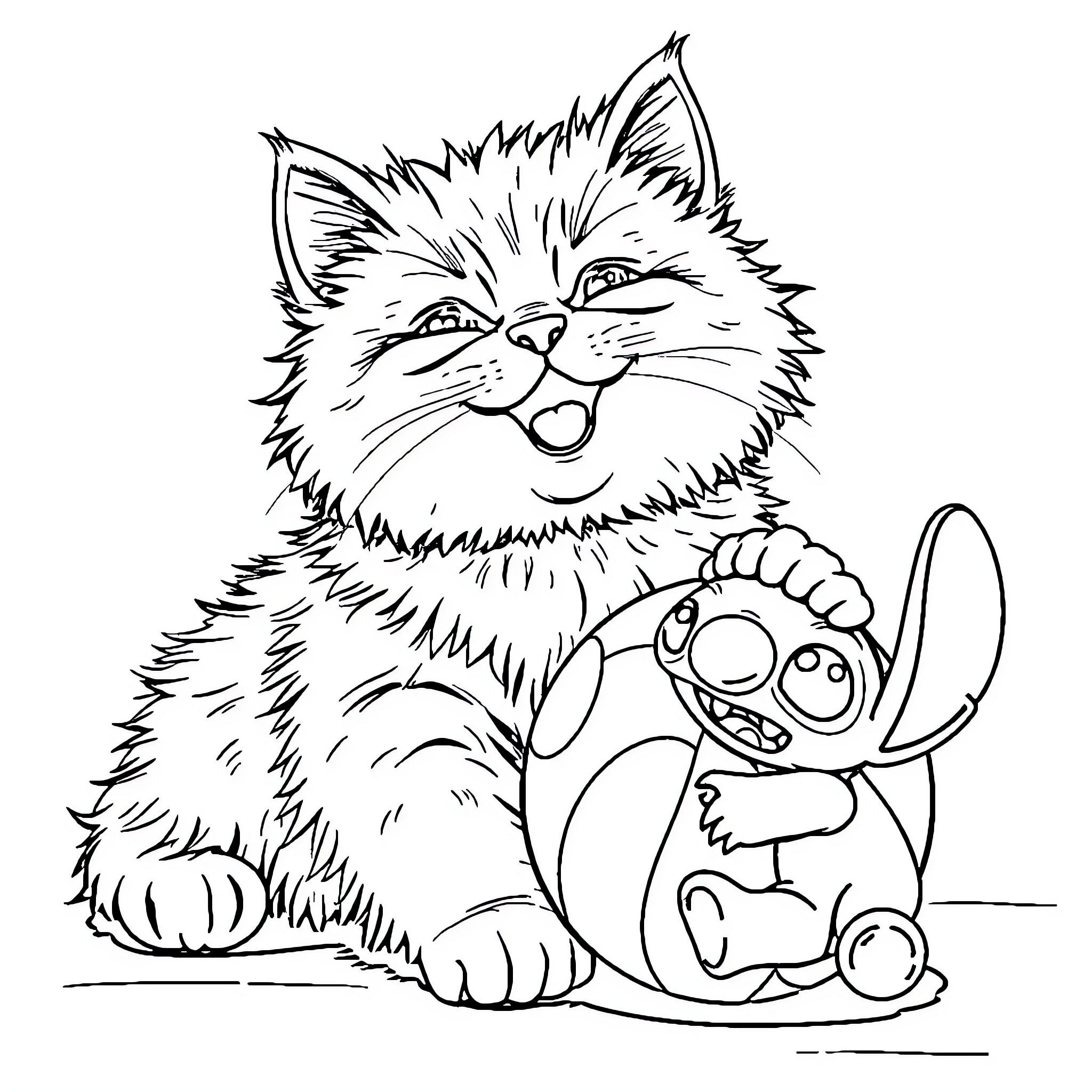 Cat playing joyfully with toy mouse Coloring Page (free black-and-white line drawing printable PDF for all, from beginners to advanced learners, including children, teens, adults, and seniors)