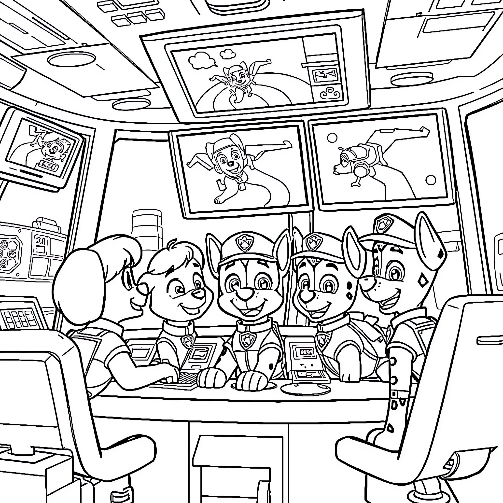 Paw Patrol team working together in their command center Coloring Page (free black-and-white line drawing printable PDF for all, from beginners to advanced learners, including children, teens, adults, and seniors)