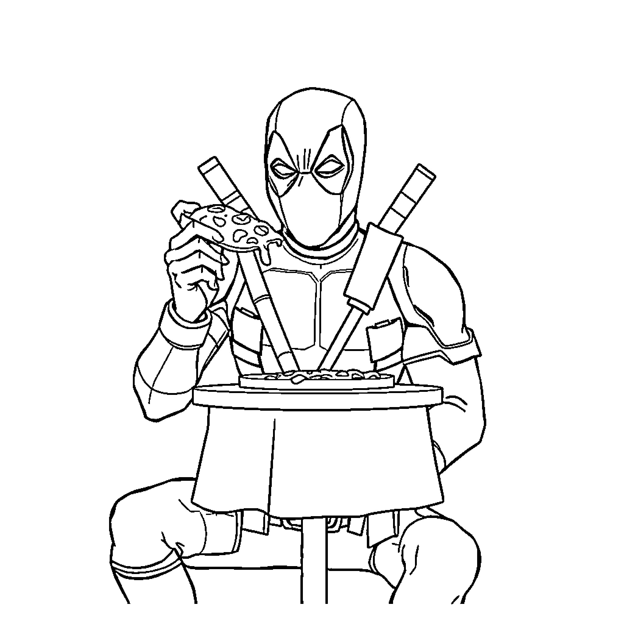 Deadpool Enjoying a Slice of Pizza Coloring Page (free black-and-white line drawing printable PDF for all, from beginners to advanced learners, including children, teens, adults, and seniors)