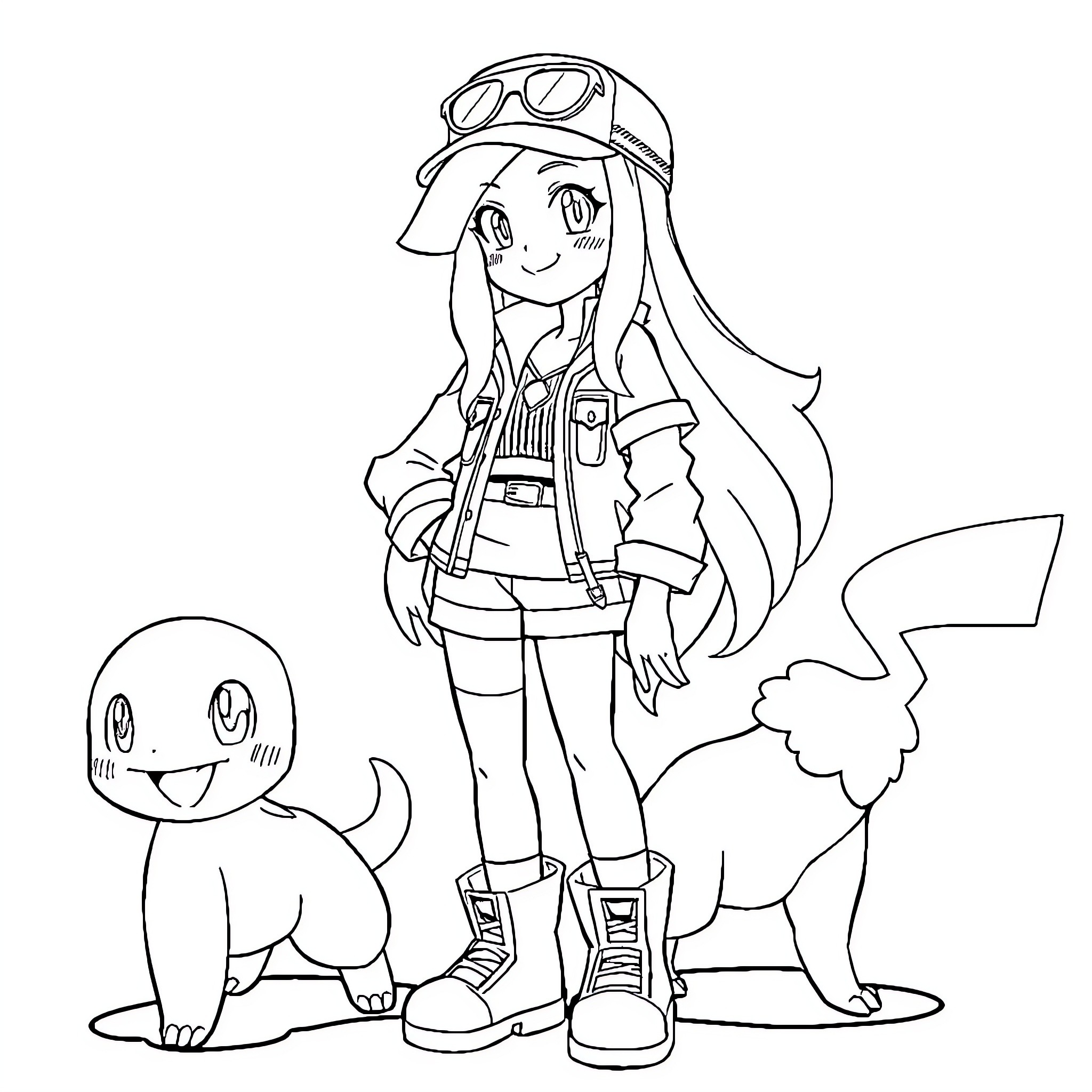 Serena's Adventure with Cute Creatures Coloring Page (free black-and-white line drawing printable PDF for all, from beginners to advanced learners, including children, teens, adults, and seniors)