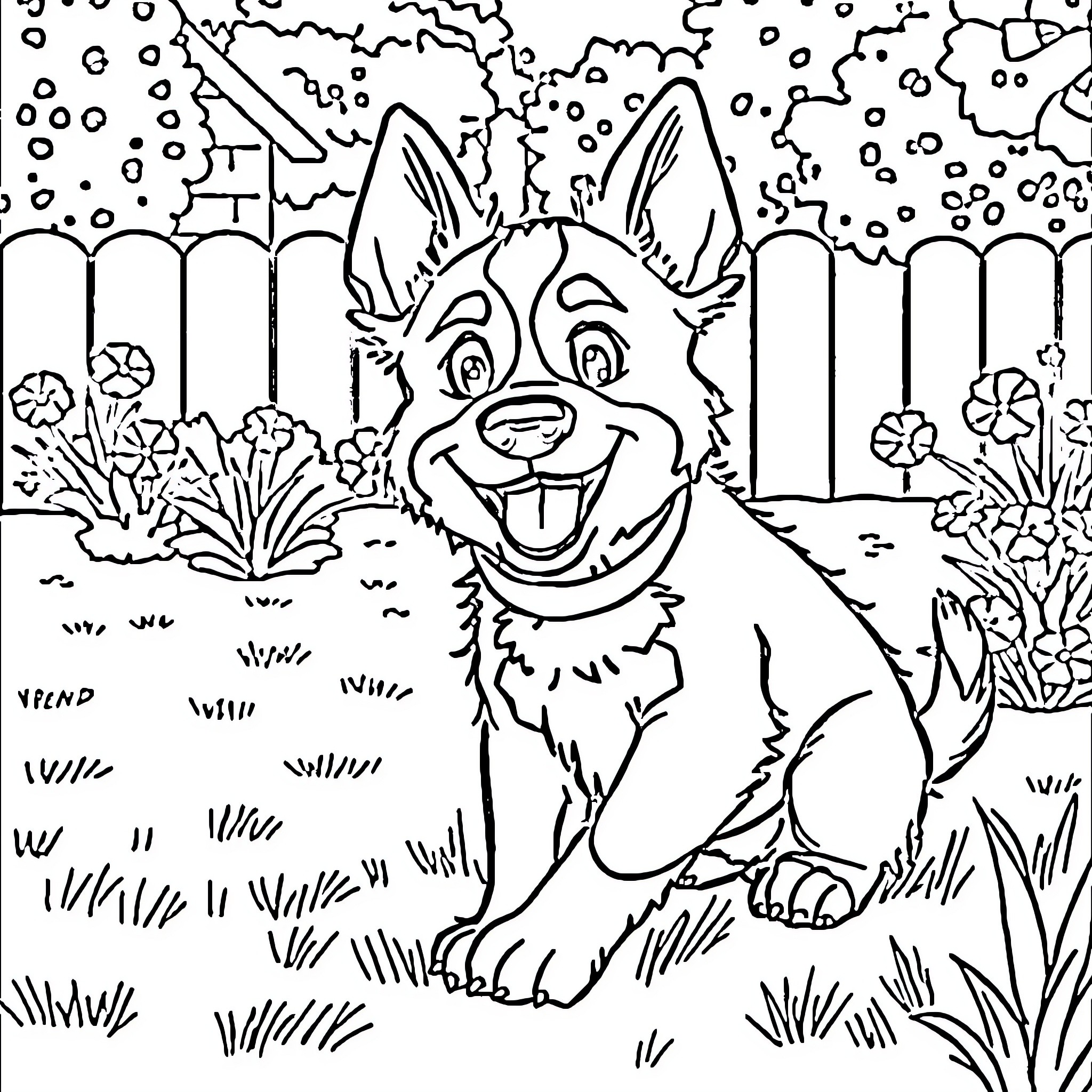Bluey playing happily in the backyard Coloring Page (free black-and-white line drawing printable PDF for all, from beginners to advanced learners, including children, teens, adults, and seniors)