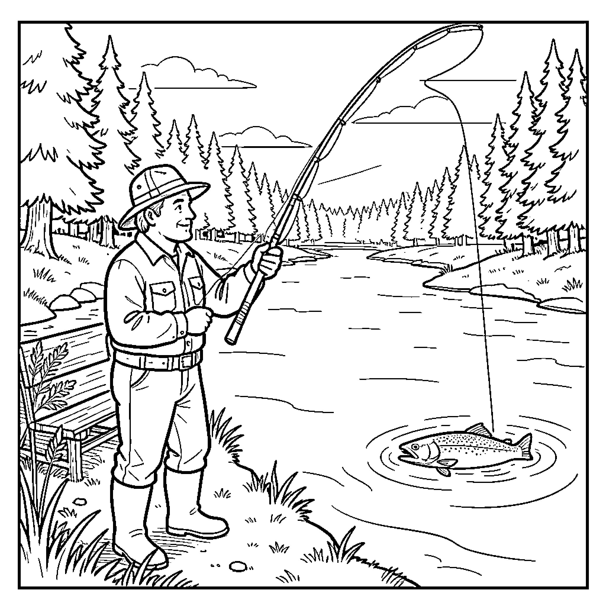 Fisherman catching a fish in a river Coloring Page (free black-and-white line drawing printable PDF for all, from beginners to advanced learners, including children, teens, adults, and seniors)