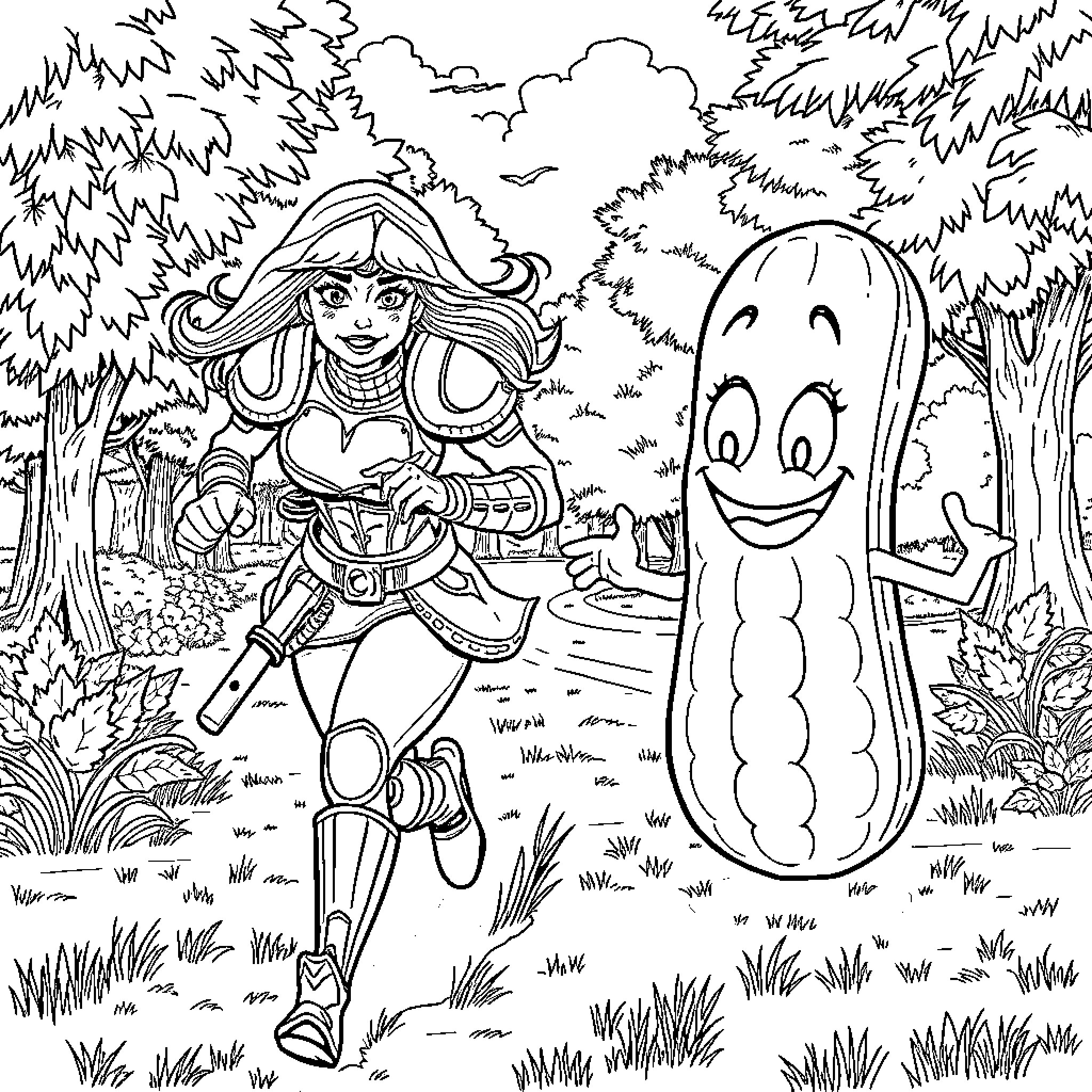 Woman adventurer exploring the forest with a friendly monster Coloring Page (free black-and-white line drawing printable PDF for all, from beginners to advanced learners, including children, teens, adults, and seniors)