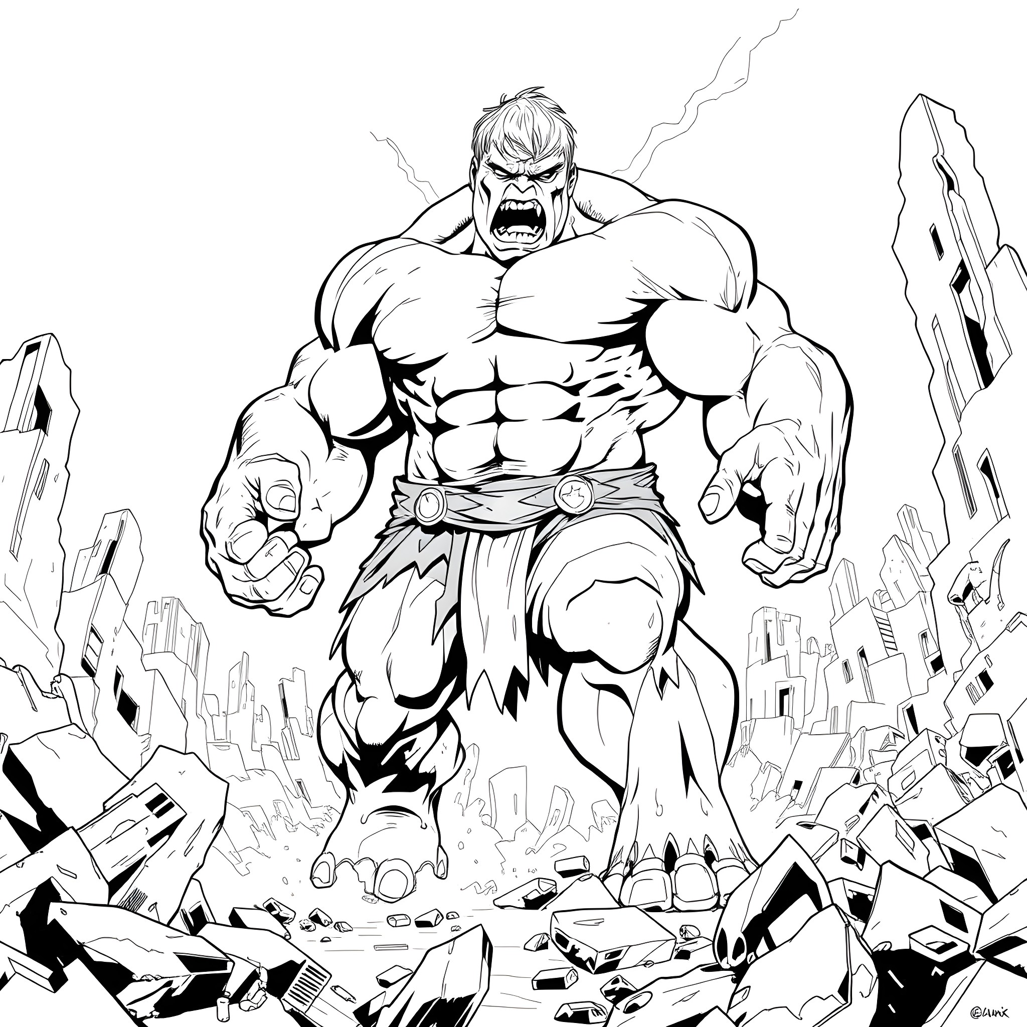 Hulk rampaging through a destroyed city Coloring Page (free black-and-white line drawing printable PDF for all, from beginners to advanced learners, including children, teens, adults, and seniors)