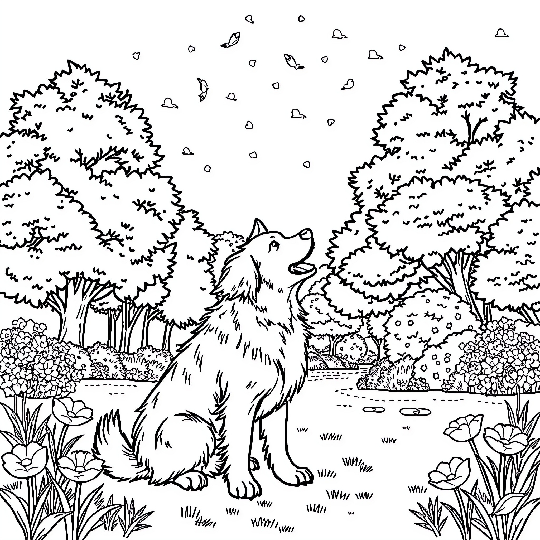 Chien howling in a serene forest Coloring Page (free black-and-white line drawing printable PDF for all, from beginners to advanced learners, including children, teens, adults, and seniors)