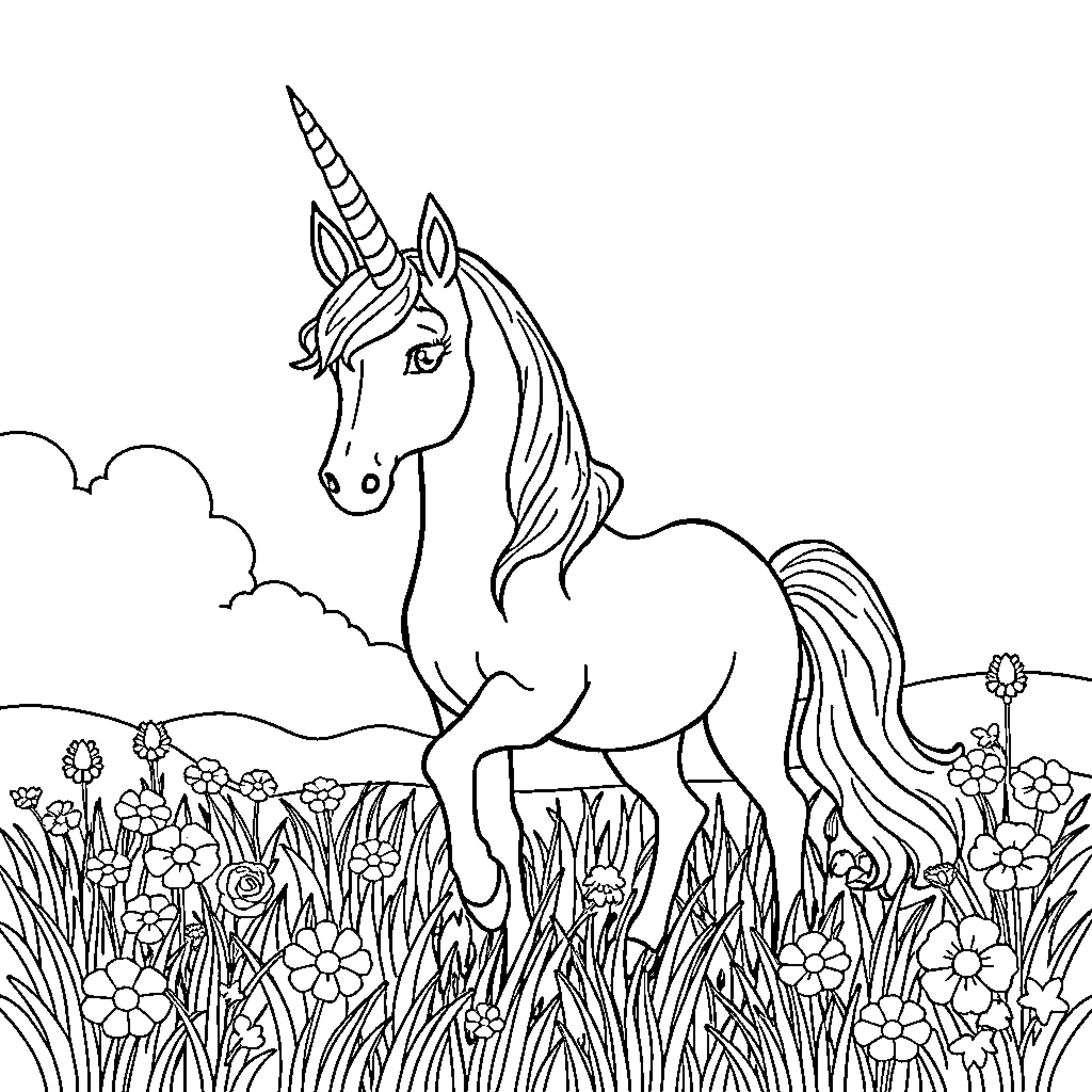 Unicorn standing in a field of flowers Coloring Page (free black-and-white line drawing printable PDF for all, from beginners to advanced learners, including children, teens, adults, and seniors)