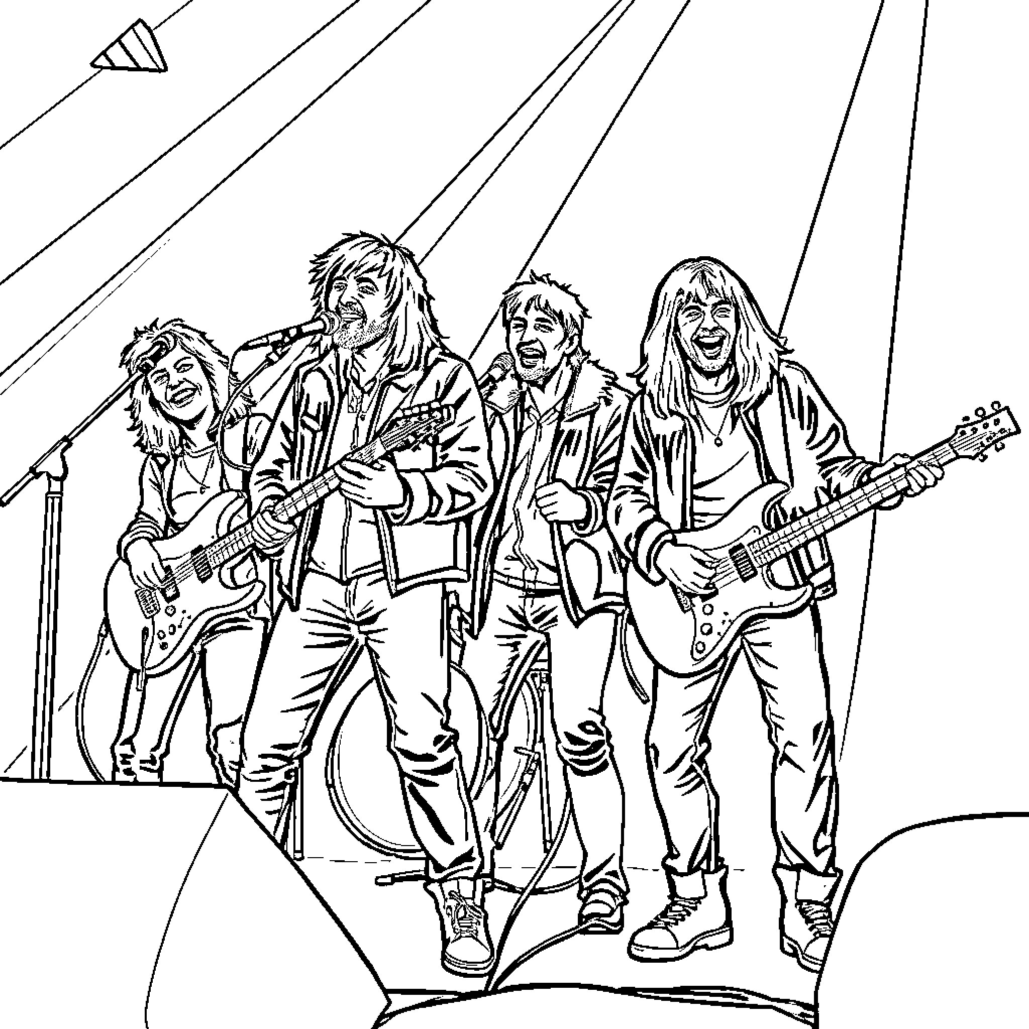Eppu Normaali Performing on Stage with Rock Instruments Coloring Page (free black-and-white line drawing printable PDF for all, from beginners to advanced learners, including children, teens, adults, and seniors)