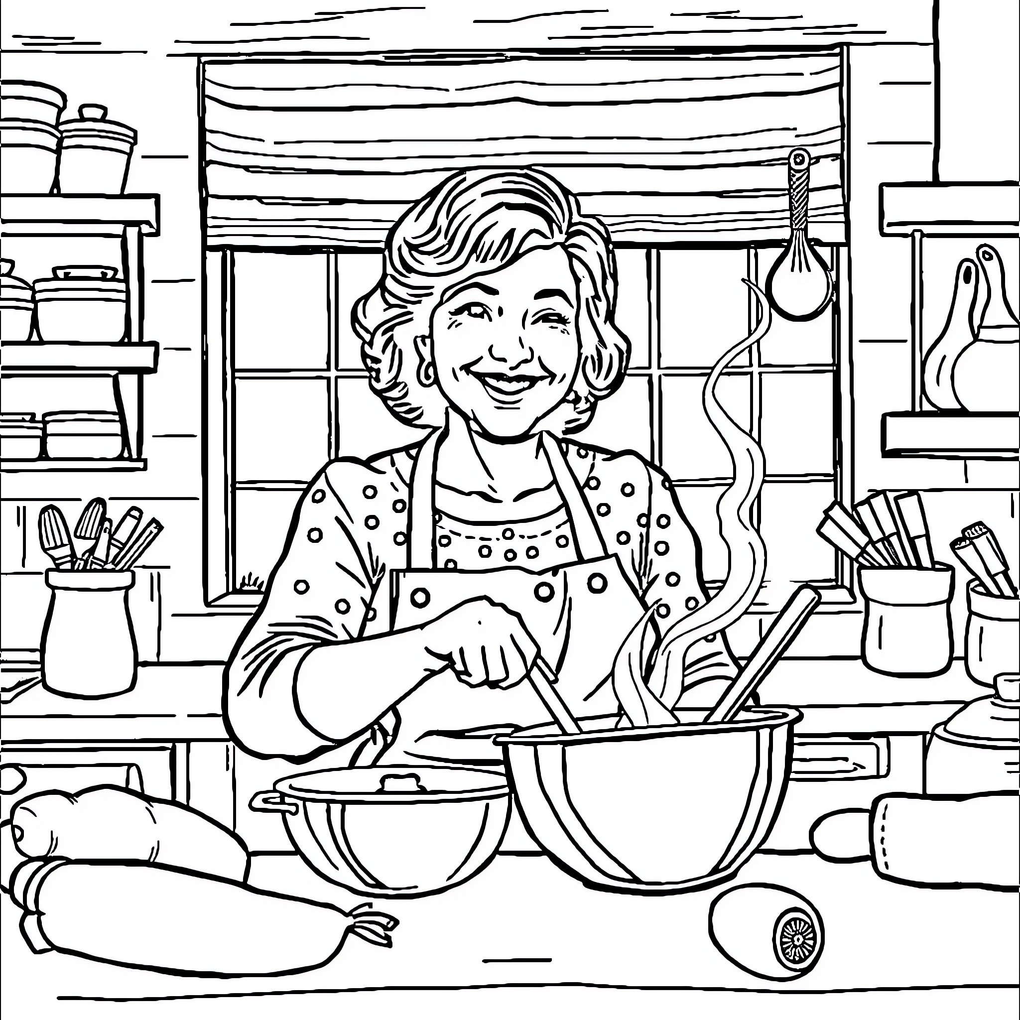 Mom cooking a delicious meal in the kitchen Coloring Page (free black-and-white line drawing printable PDF for all, from beginners to advanced learners, including children, teens, adults, and seniors)