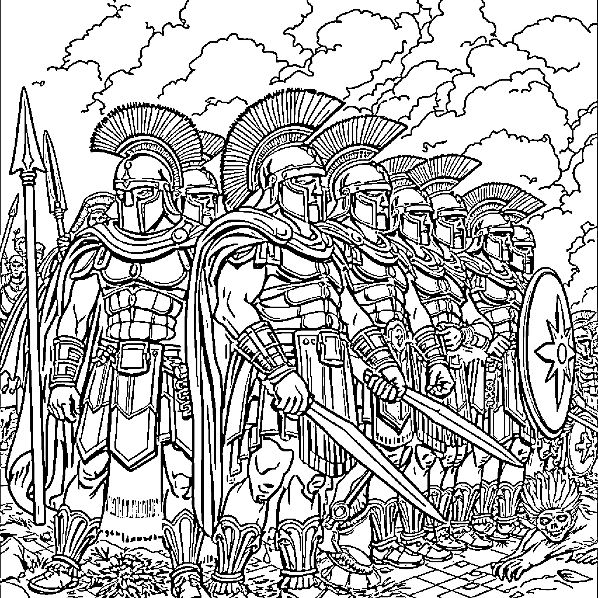 Spartan Warriors in Battle Formation Coloring Page (free black-and-white line drawing printable PDF for all, from beginners to advanced learners, including children, teens, adults, and seniors)