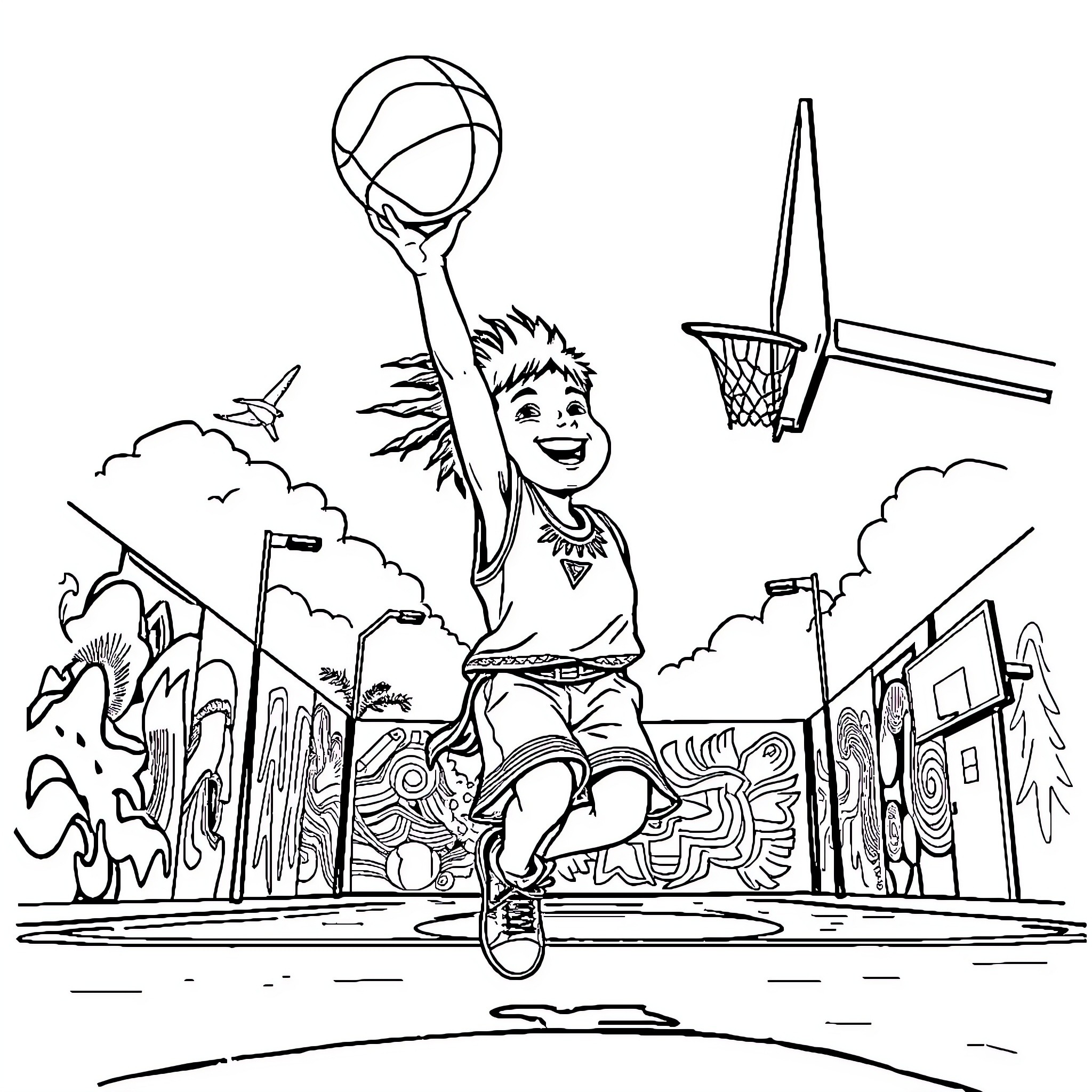 Kid playing basketball on the court Coloring Page (free black-and-white line drawing printable PDF for all, from beginners to advanced learners, including children, teens, adults, and seniors)