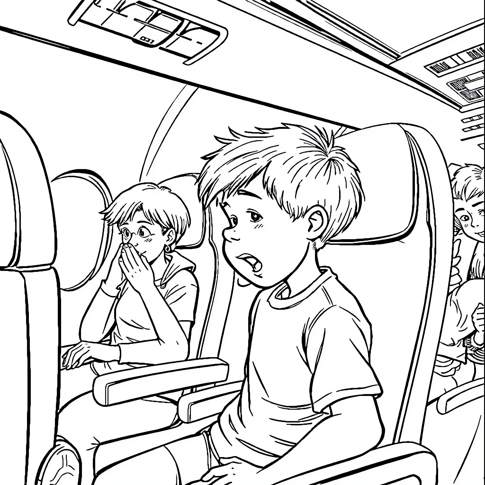 Boy scared on airplane with another boy Coloring Page (free black-and-white line drawing printable PDF for all, from beginners to advanced learners, including children, teens, adults, and seniors)
