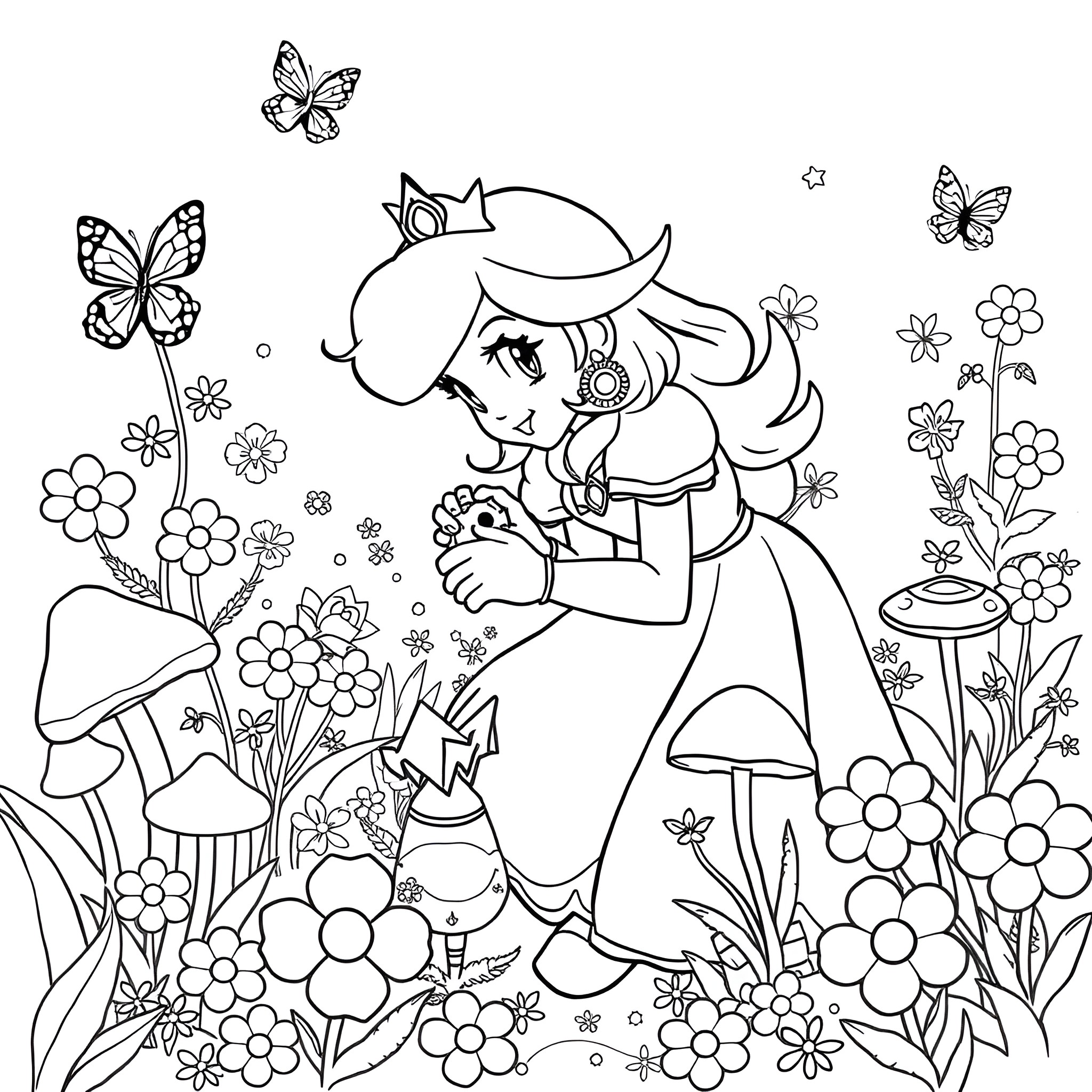 Princess in Whimsical Floral Garden Coloring Page (free black-and-white line drawing printable PDF for all, from beginners to advanced learners, including children, teens, adults, and seniors)