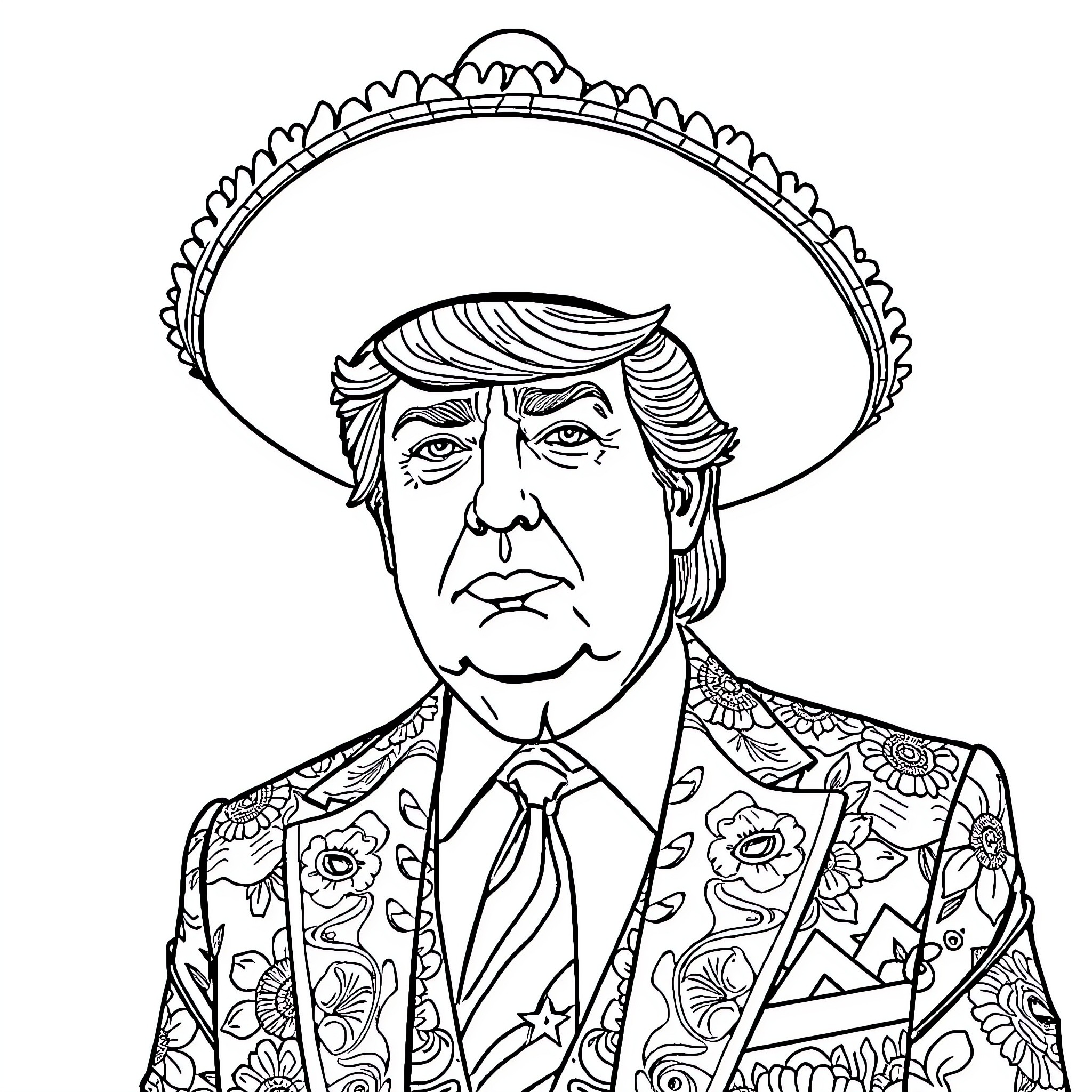 Trump in Ornate Floral Suit and Sombrero Coloring Page (free black-and-white line drawing printable PDF for all, from beginners to advanced learners, including children, teens, adults, and seniors)
