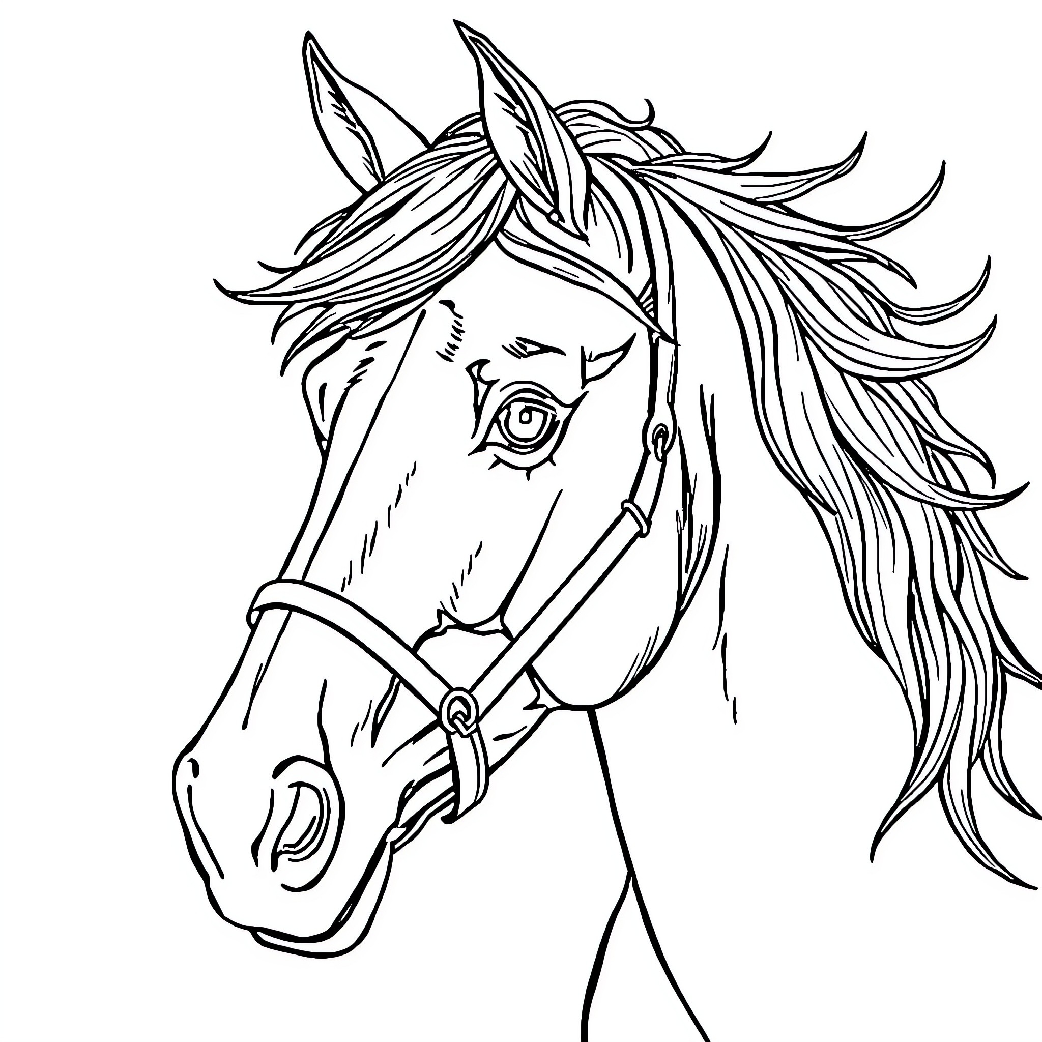 Horse with Flowing Mane and Expressive Look Coloring Page (free black-and-white line drawing printable PDF for all, from beginners to advanced learners, including children, teens, adults, and seniors)