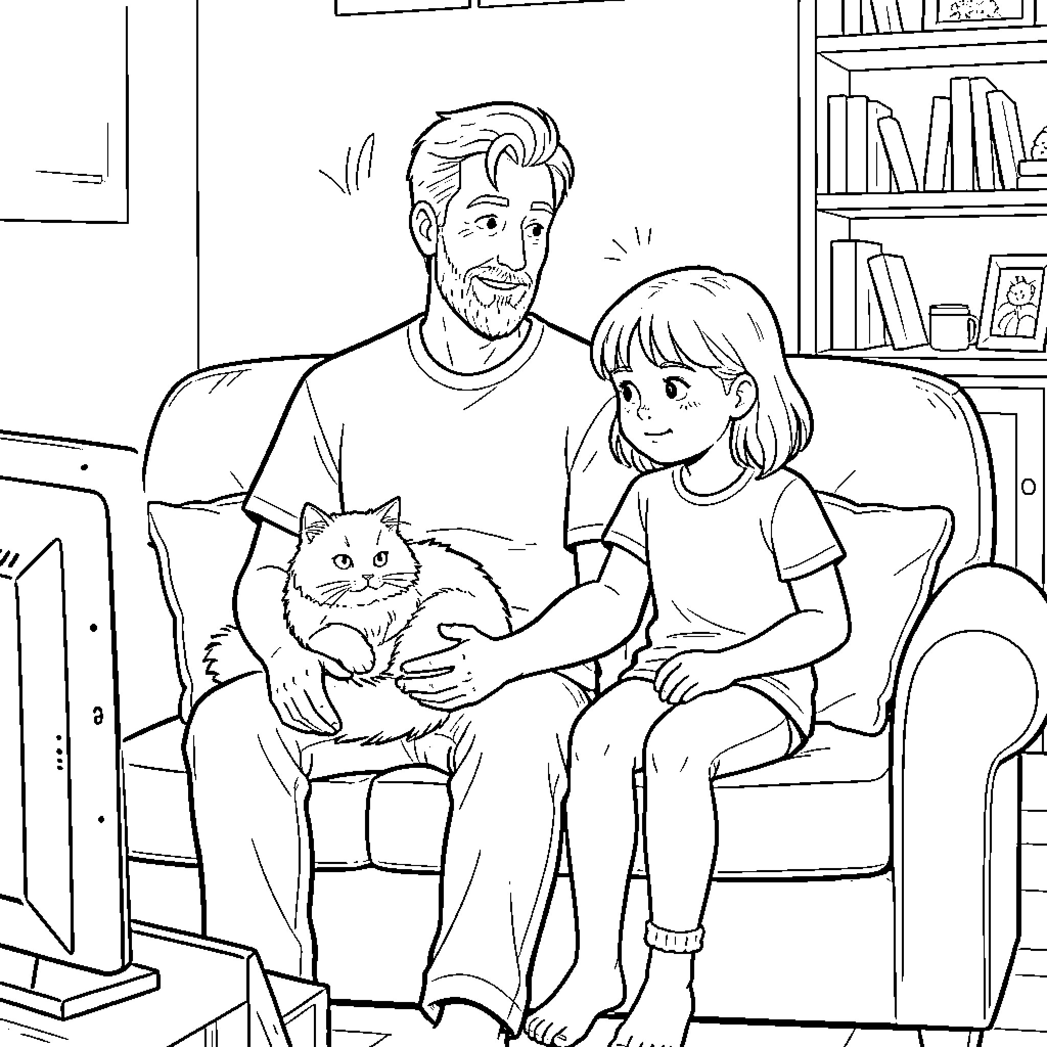 Daddy's Little Helper Cuddles with Feline Friend Coloring Page (free black-and-white line drawing printable PDF for all, from beginners to advanced learners, including children, teens, adults, and seniors)