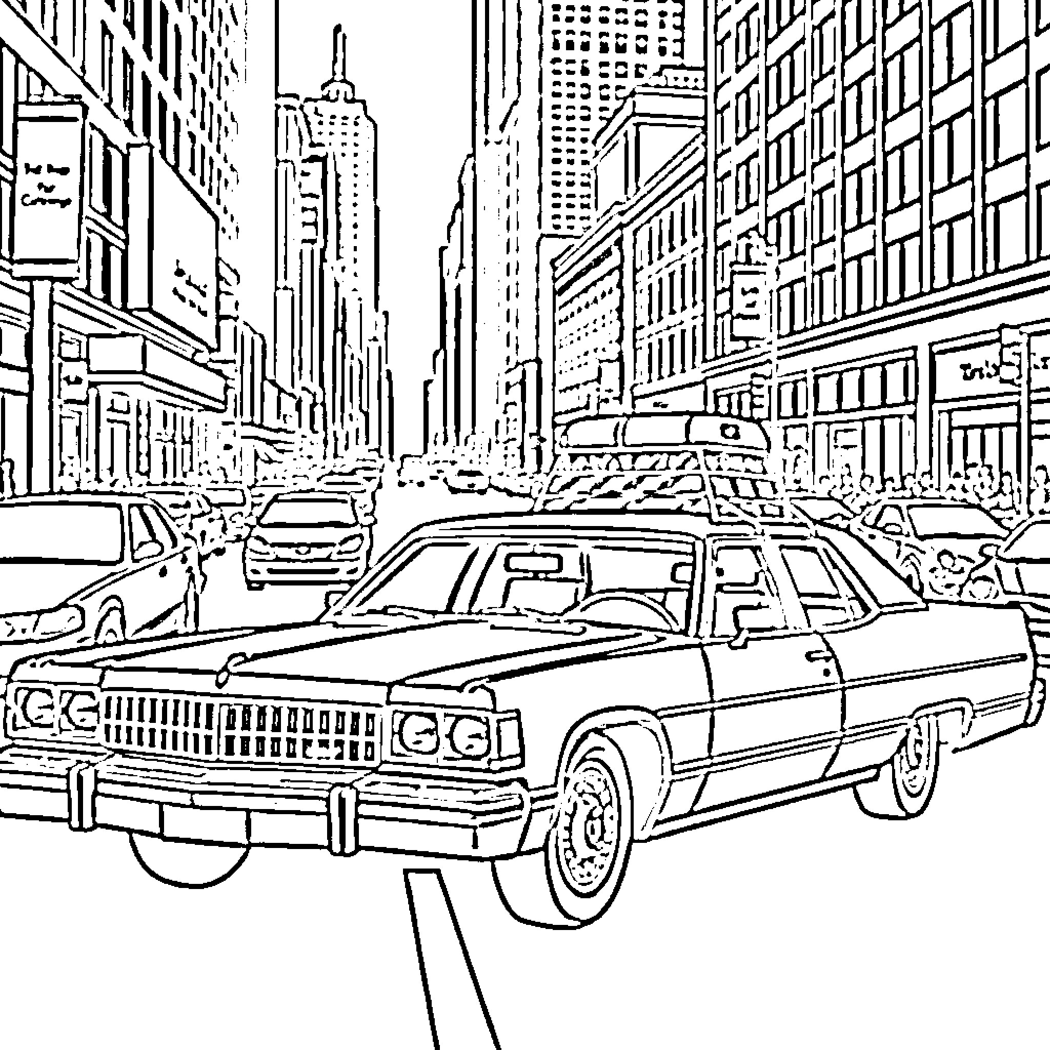 Bluesmobile cruises through bustling city streets Coloring Page (free black-and-white line drawing printable PDF for all, from beginners to advanced learners, including children, teens, adults, and seniors)