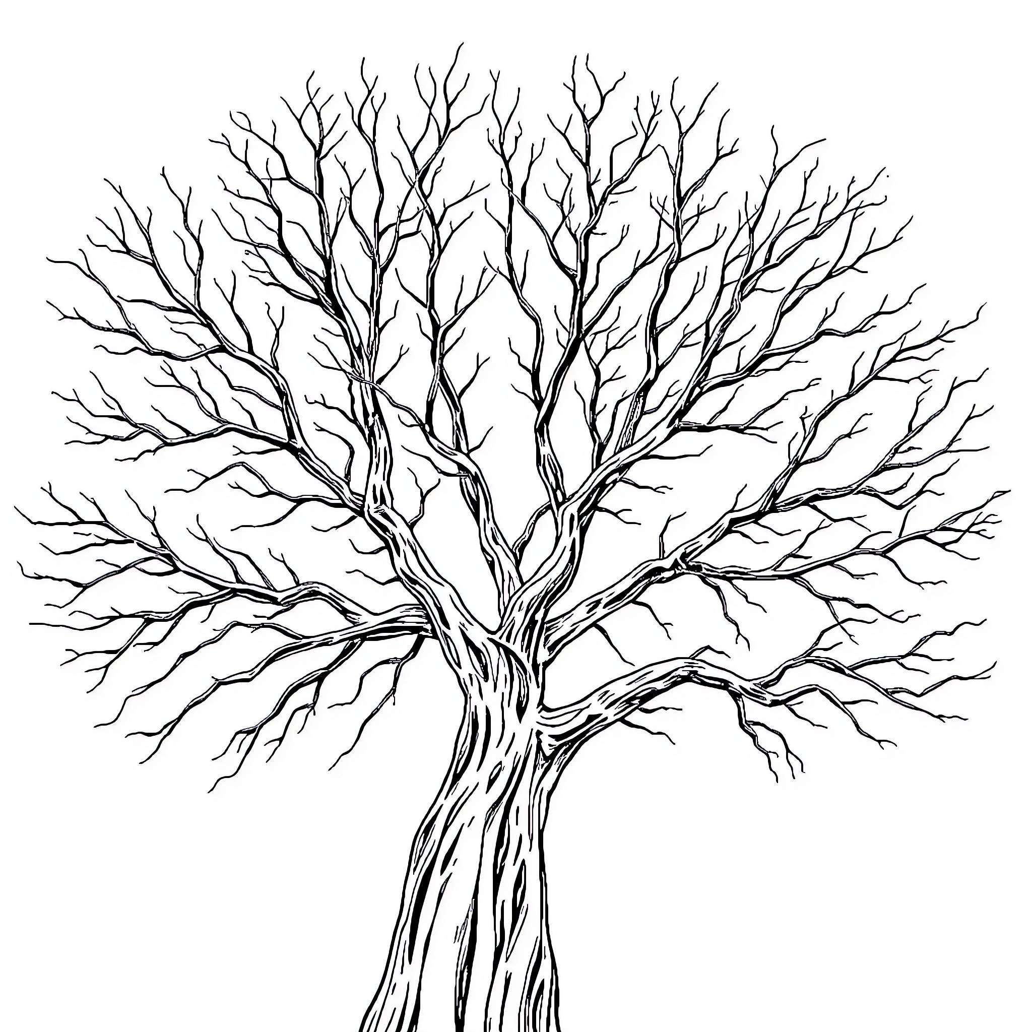 Tree with Intricate Branches Coloring Page (free black-and-white line drawing printable PDF for all, from beginners to advanced learners, including children, teens, adults, and seniors)