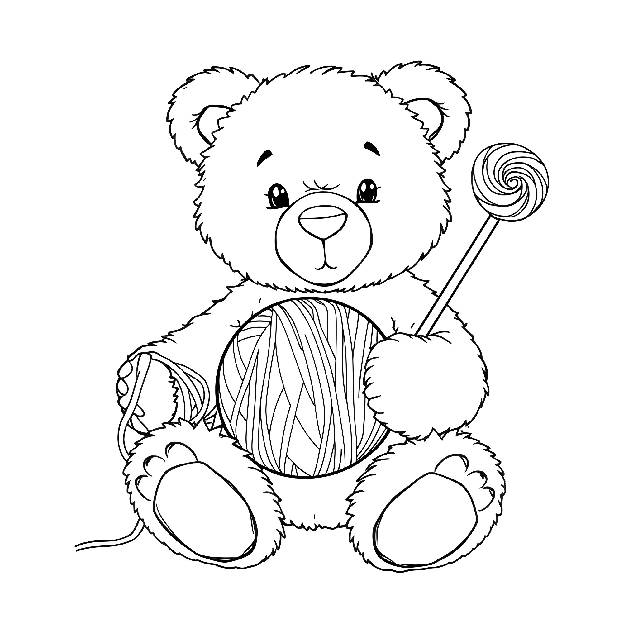 Teddy Bear Playing with Yarn and Lollipop Coloring Page (free black-and-white line drawing printable PDF for all, from beginners to advanced learners, including children, teens, adults, and seniors)