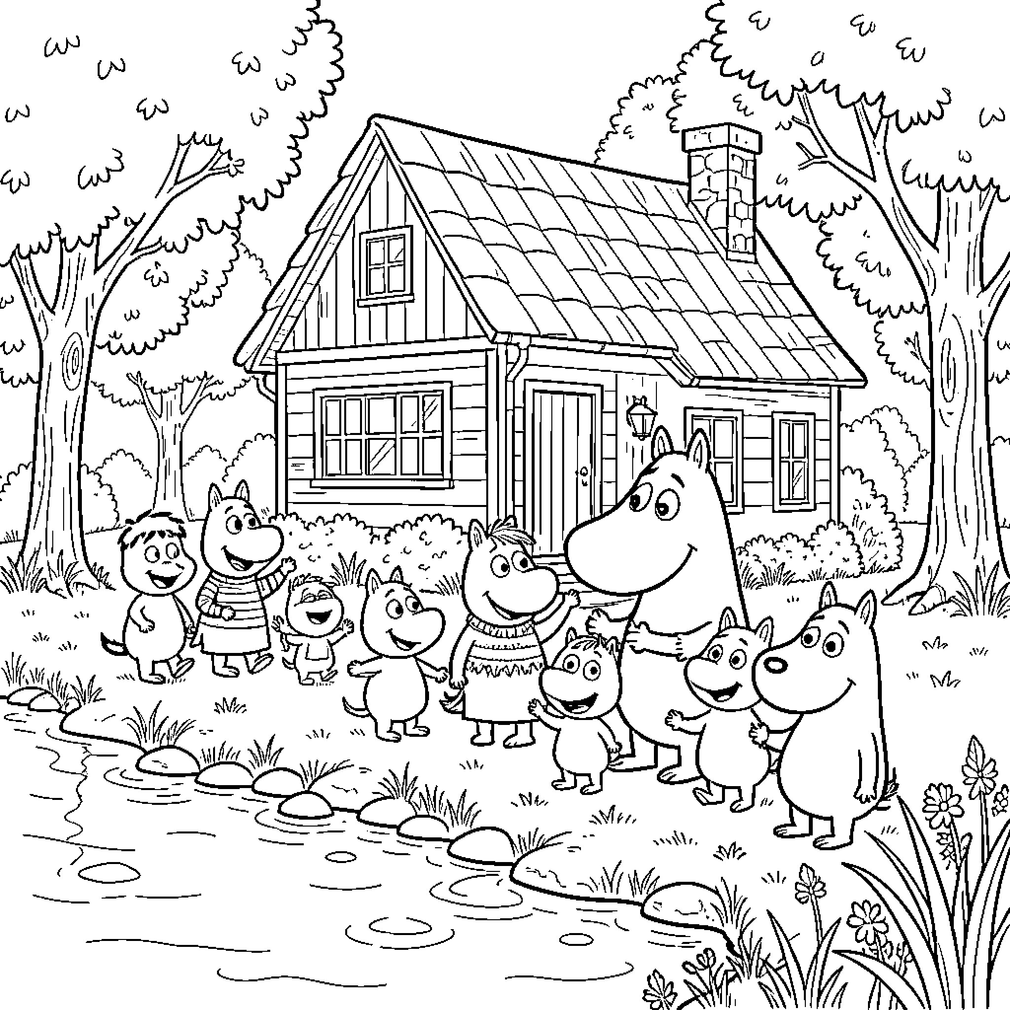 Moomin family exploring the enchanting forest Coloring Page (free black-and-white line drawing printable PDF for all, from beginners to advanced learners, including children, teens, adults, and seniors)