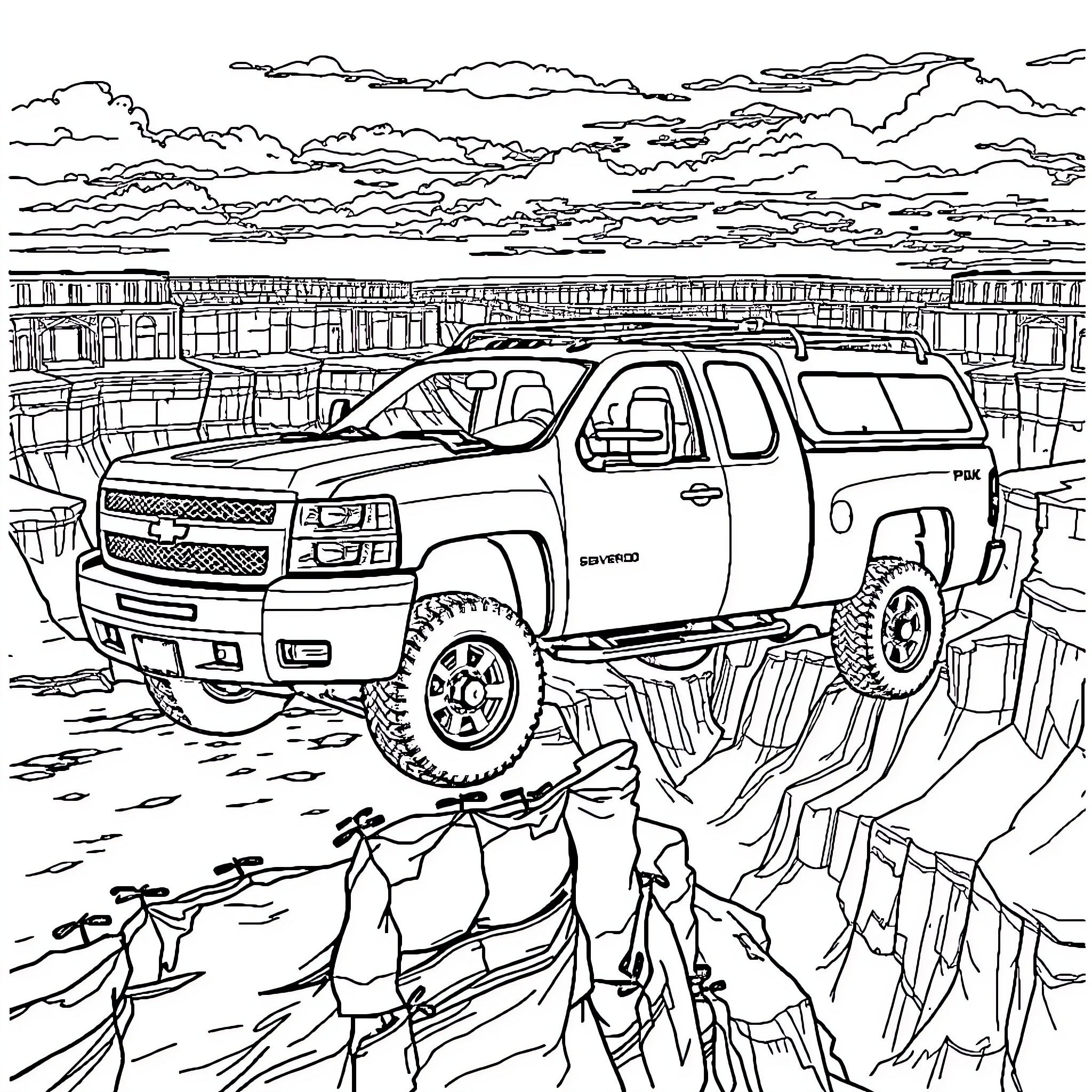 Silverado Truck Navigating Rugged Terrain Coloring Page (free black-and-white line drawing printable PDF for all, from beginners to advanced learners, including children, teens, adults, and seniors)