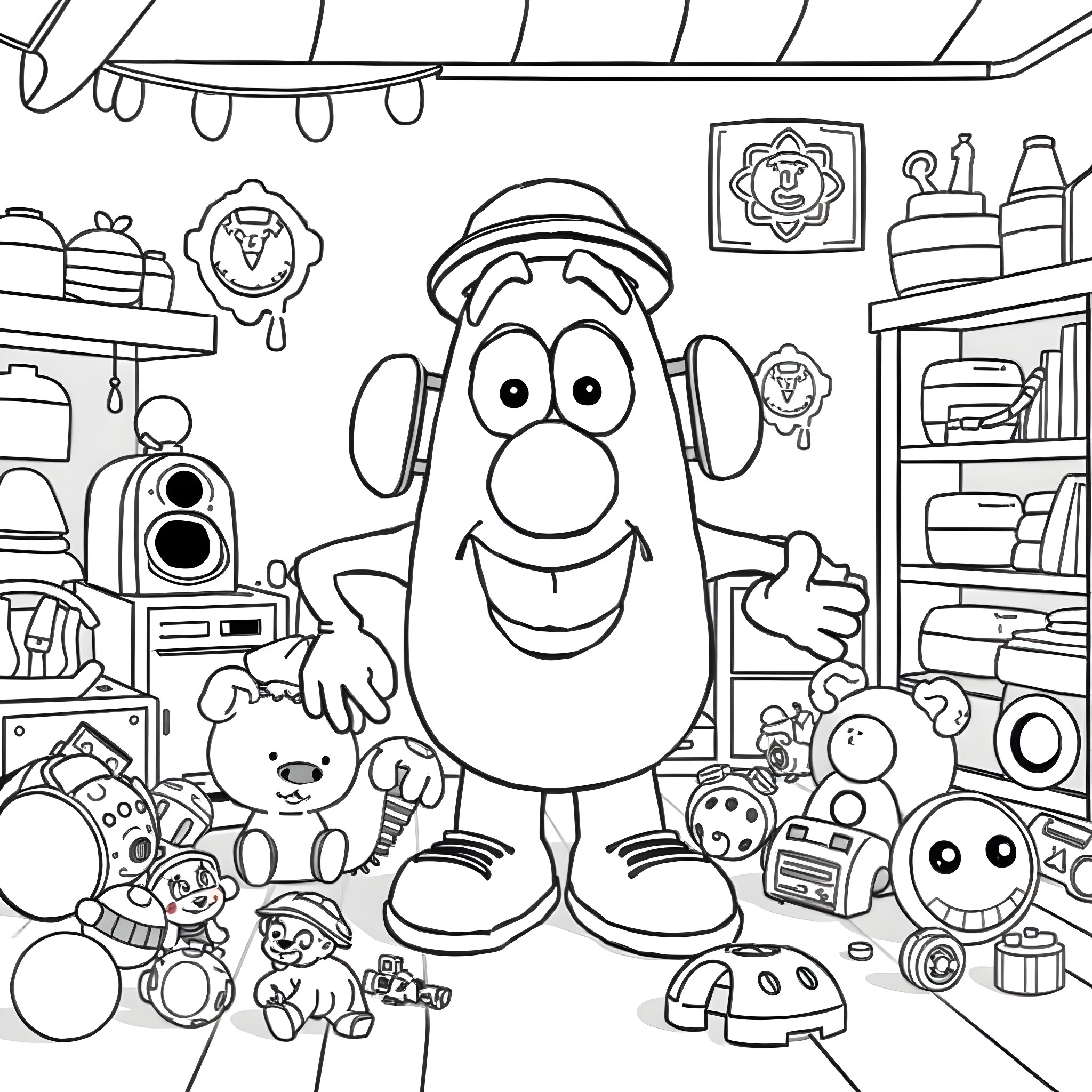Mr. Potato Head surrounded by toys in a cluttered room Coloring Page (free black-and-white line drawing printable PDF for all, from beginners to advanced learners, including children, teens, adults, and seniors)