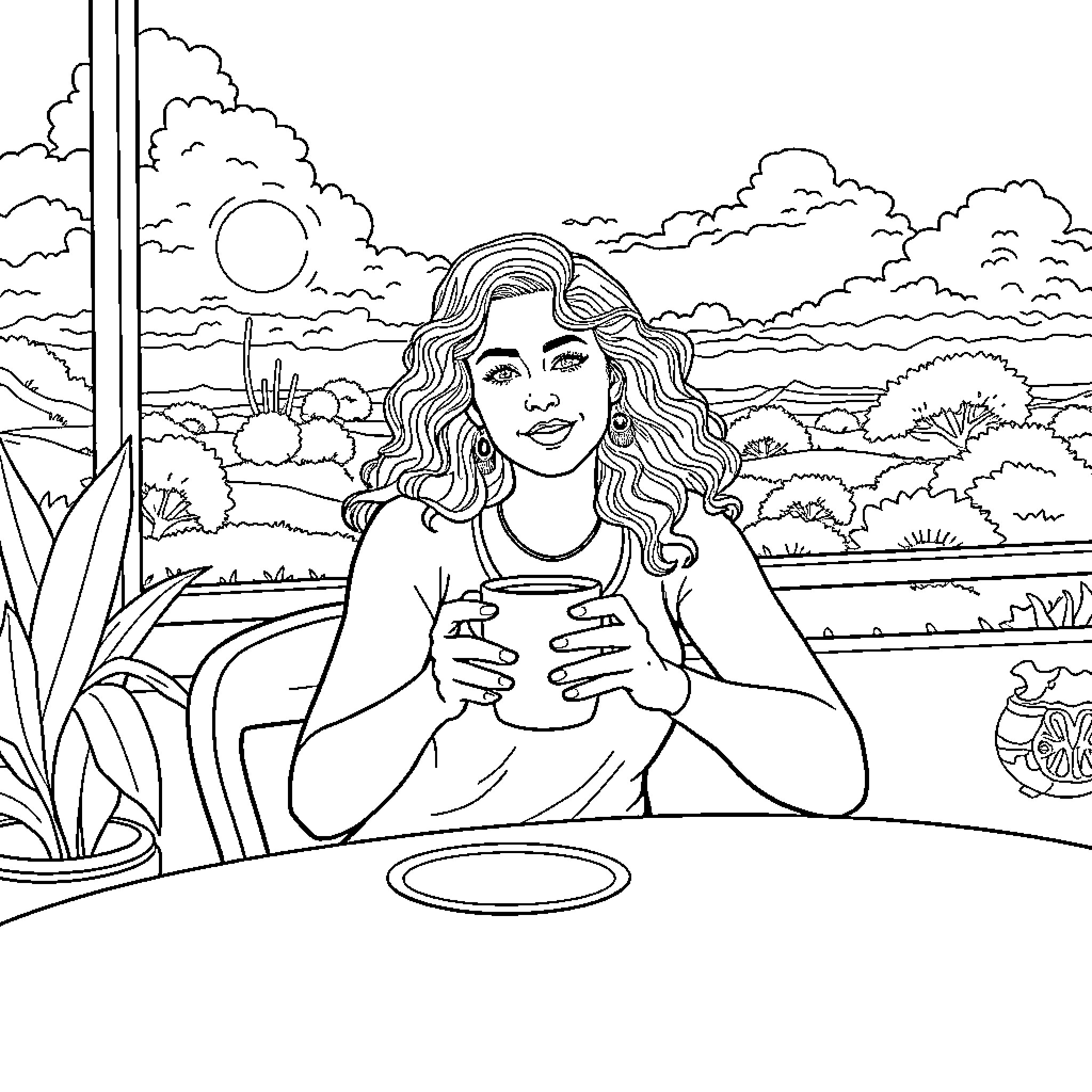 Sappho enjoying an idyllic outdoor scene Coloring Page (free black-and-white line drawing printable PDF for all, from beginners to advanced learners, including children, teens, adults, and seniors)