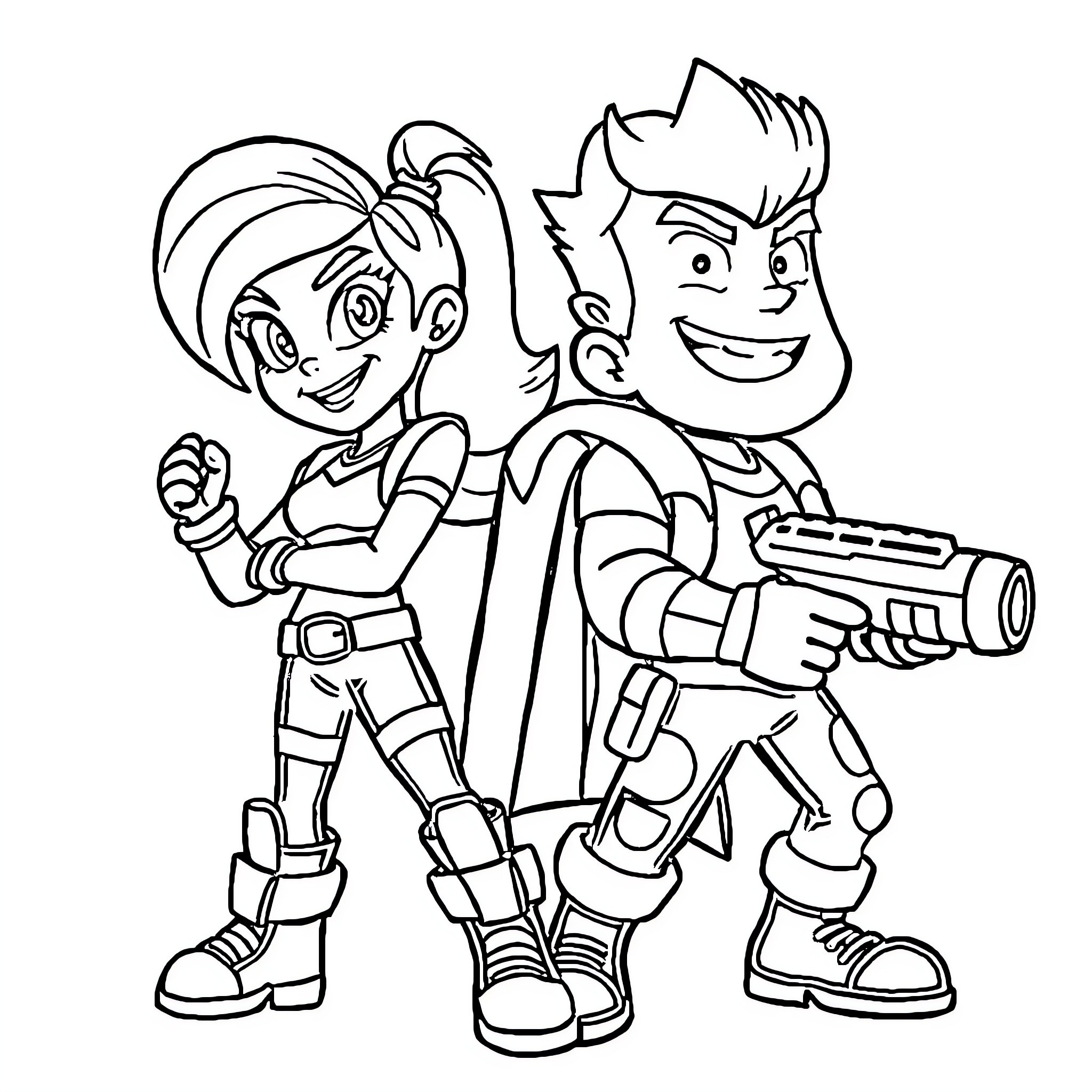Brawl Stars: Duo of action-packed characters Coloring Page (free black-and-white line drawing printable PDF for all, from beginners to advanced learners, including children, teens, adults, and seniors)