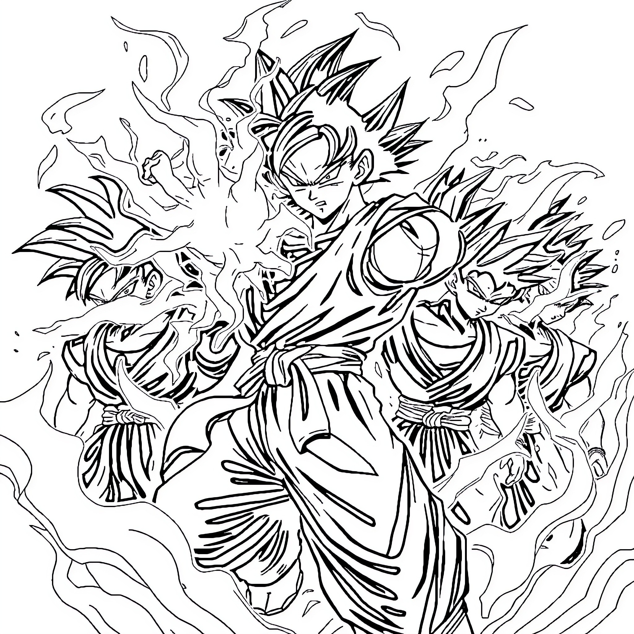 Goku's Explosive Power Display Coloring Page (free black-and-white line drawing printable PDF for all, from beginners to advanced learners, including children, teens, adults, and seniors)