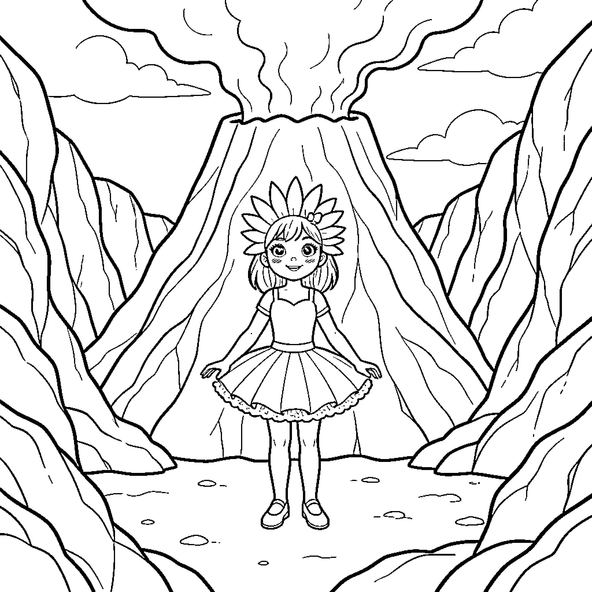 Daisy wearing a flower crown standing before a volcano Coloring Page (free black-and-white line drawing printable PDF for all, from beginners to advanced learners, including children, teens, adults, and seniors)