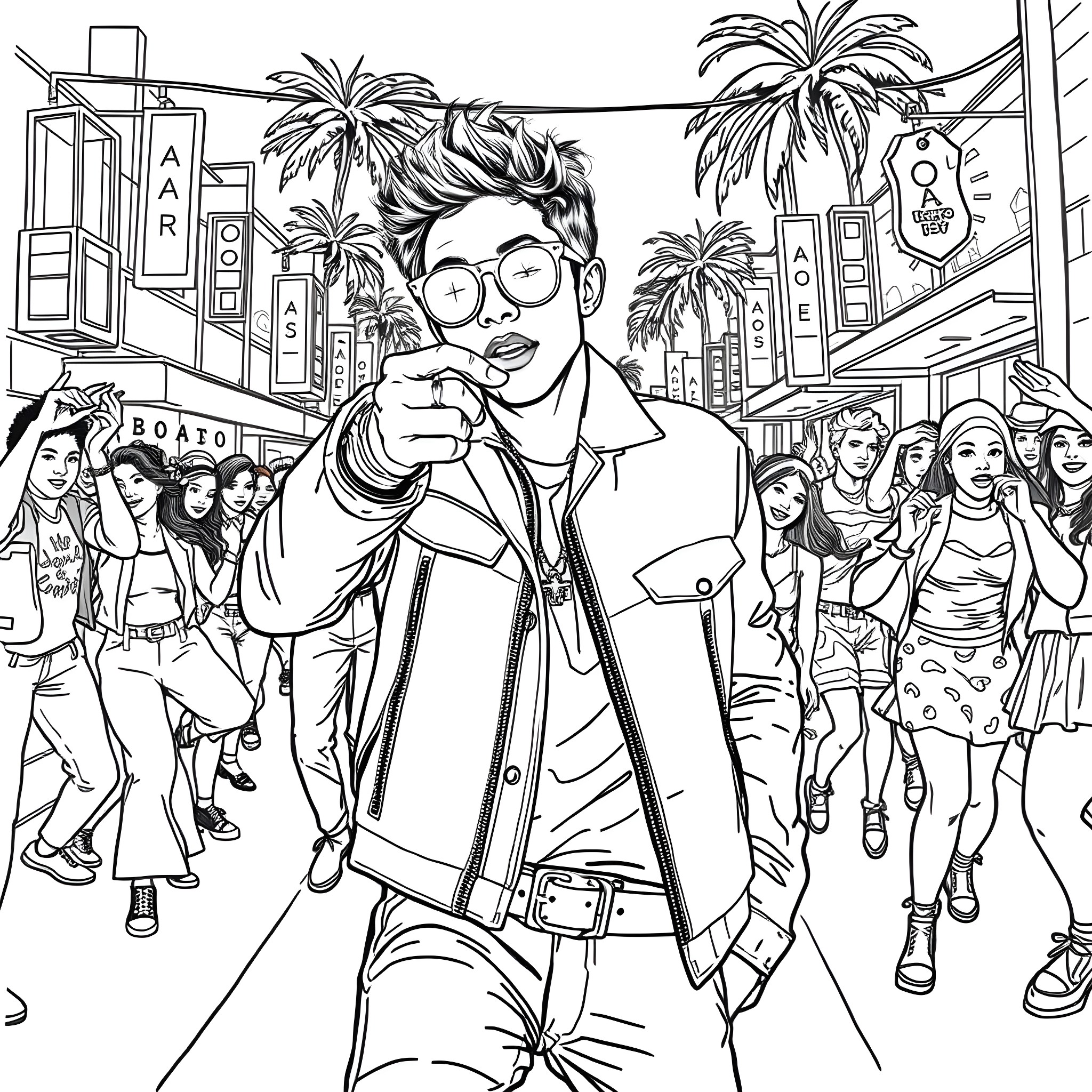 Bruno Mars enjoying the vibrant city life Coloring Page (free black-and-white line drawing printable PDF for all, from beginners to advanced learners, including children, teens, adults, and seniors)