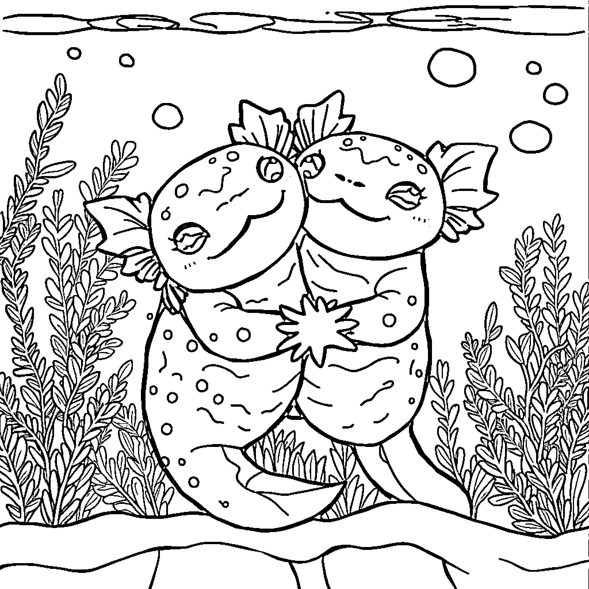 Axolotls hugging underwater in a whimsical scene Coloring Page (free black-and-white line drawing printable PDF for all, from beginners to advanced learners, including children, teens, adults, and seniors)
