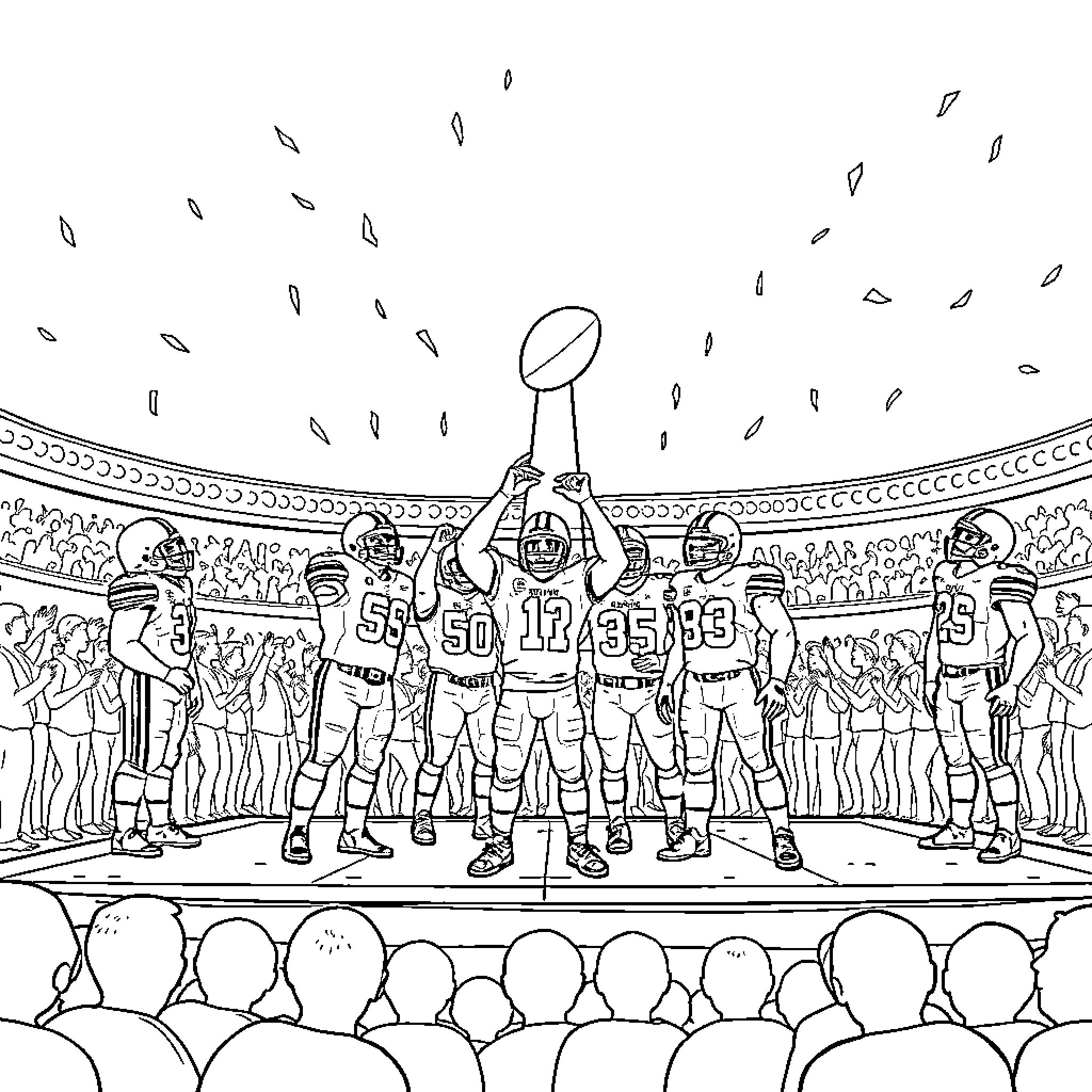 Cleveland Browns celebrating victory on the field Coloring Page (free black-and-white line drawing printable PDF for all, from beginners to advanced learners, including children, teens, adults, and seniors)