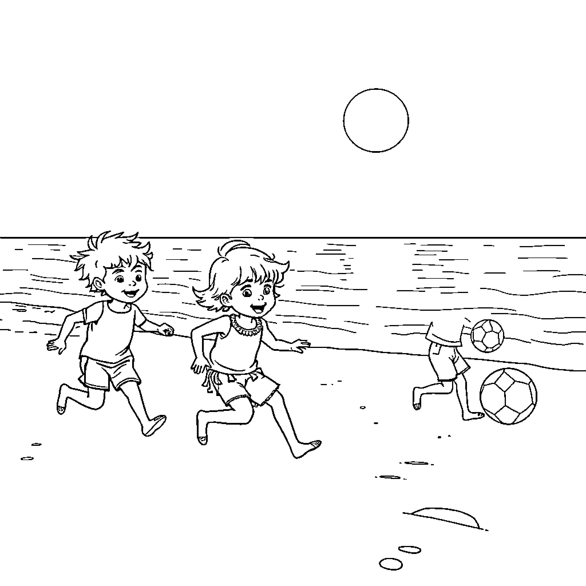 Children playing with soccer balls on the beach Coloring Page (free black-and-white line drawing printable PDF for all, from beginners to advanced learners, including children, teens, adults, and seniors)