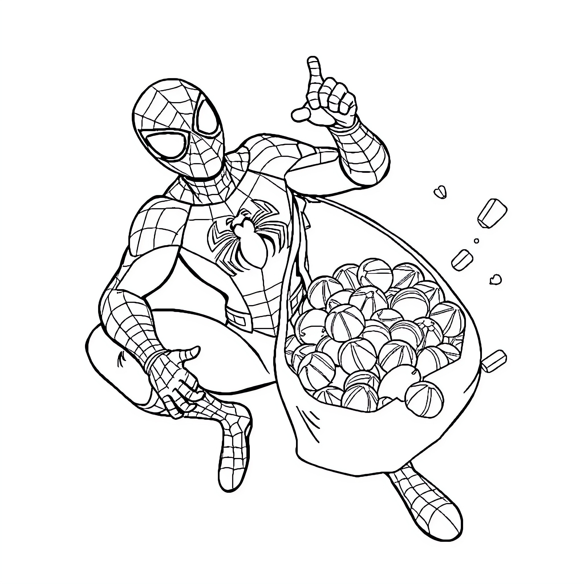 Spiderman collecting webbed gifts in action Coloring Page (free black-and-white line drawing printable PDF for all, from beginners to advanced learners, including children, teens, adults, and seniors)
