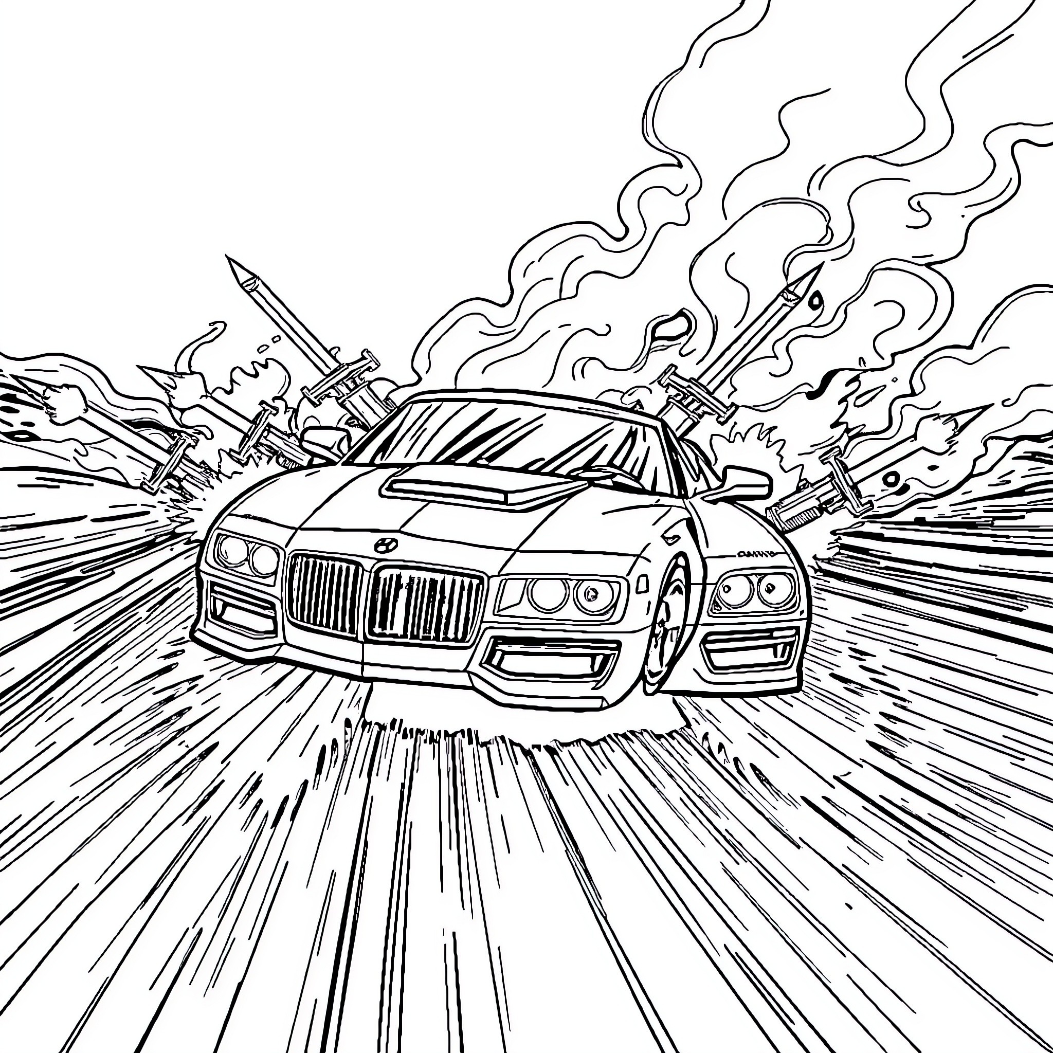 Car speeding through dramatic action scene Coloring Page (free black-and-white line drawing printable PDF for all, from beginners to advanced learners, including children, teens, adults, and seniors)