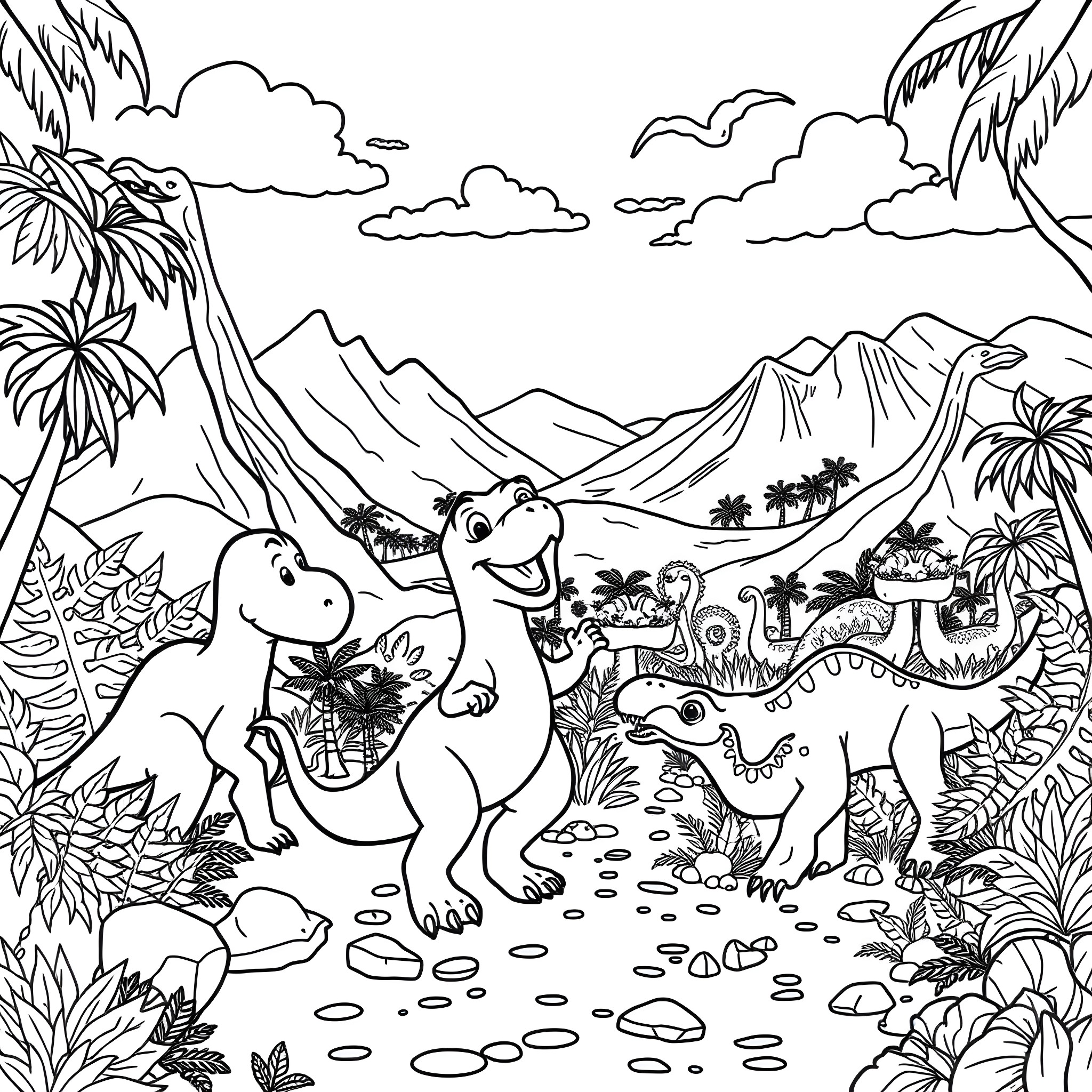 Blippi and Dinosaur Friends Explore Tropical Landscape Coloring Page (free black-and-white line drawing printable PDF for all, from beginners to advanced learners, including children, teens, adults, and seniors)