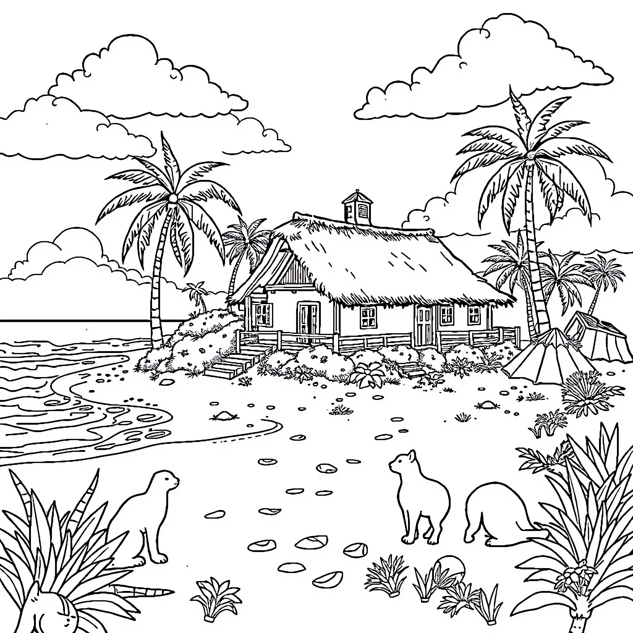 Granja de Tranquilidade em Paisagem Tropical Coloring Page (free black-and-white line drawing printable PDF for all, from beginners to advanced learners, including children, teens, adults, and seniors)