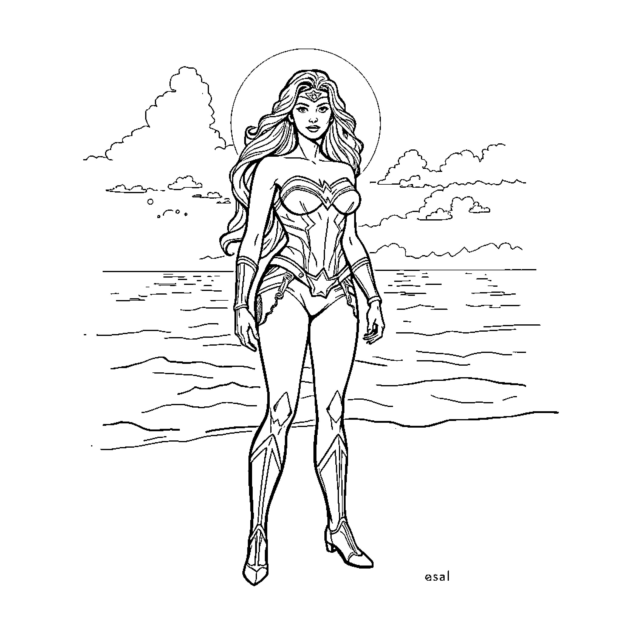Wonder Woman Stands Heroically in Coastal Landscape Coloring Page (free black-and-white line drawing printable PDF for all, from beginners to advanced learners, including children, teens, adults, and seniors)