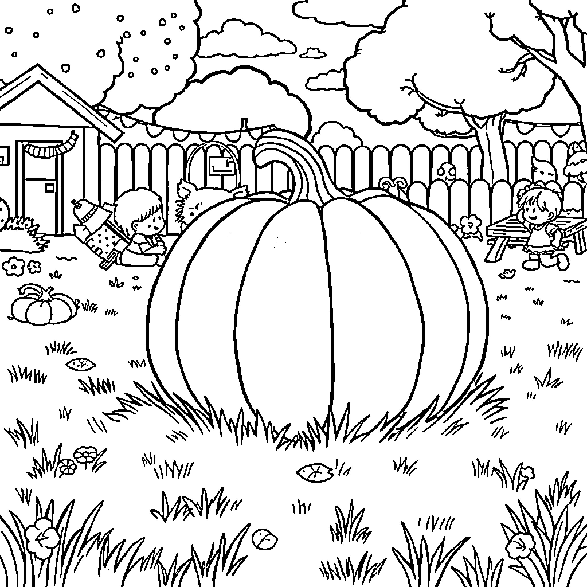 Pumpkin in the Autumn Landscape Coloring Page (free black-and-white line drawing printable PDF for all, from beginners to advanced learners, including children, teens, adults, and seniors)